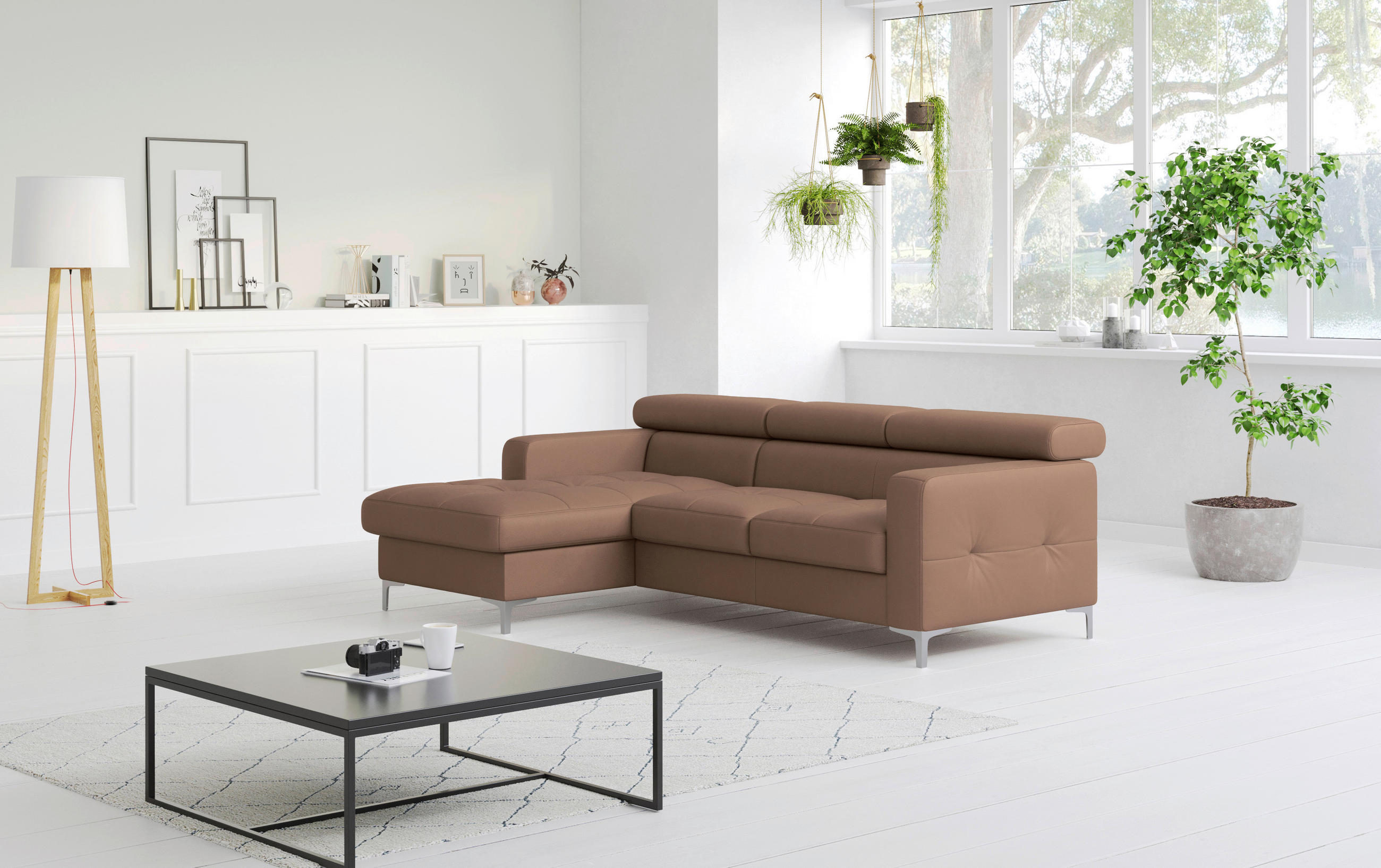 ECKSOFA Cappuccino Echtleder  - Chromfarben/Cappuccino, Design, Leder/Metall (168/227cm) - Livetastic