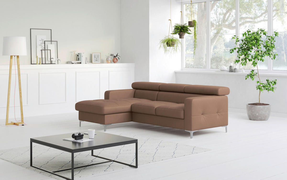 ECKSOFA in Echtleder Cappuccino  168/227 cm  - Chromfarben/Cappuccino, Design, Leder/Metall (168/227cm) - Livetastic