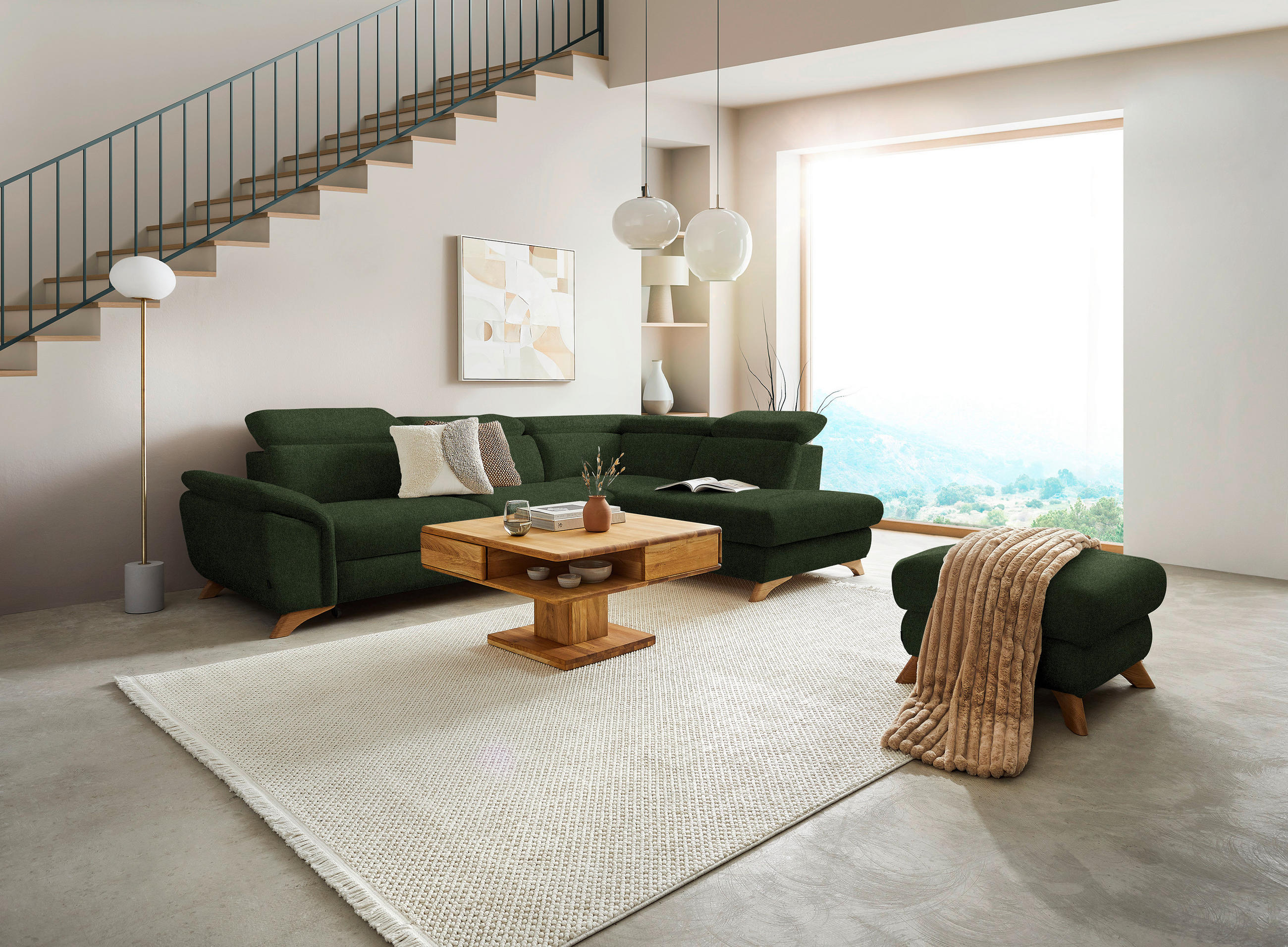 ECKSOFA in Flachgewebe Olivgrün  - Eichefarben/Olivgrün, Modern, Holz/Textil (287/212cm) - Valnatura
