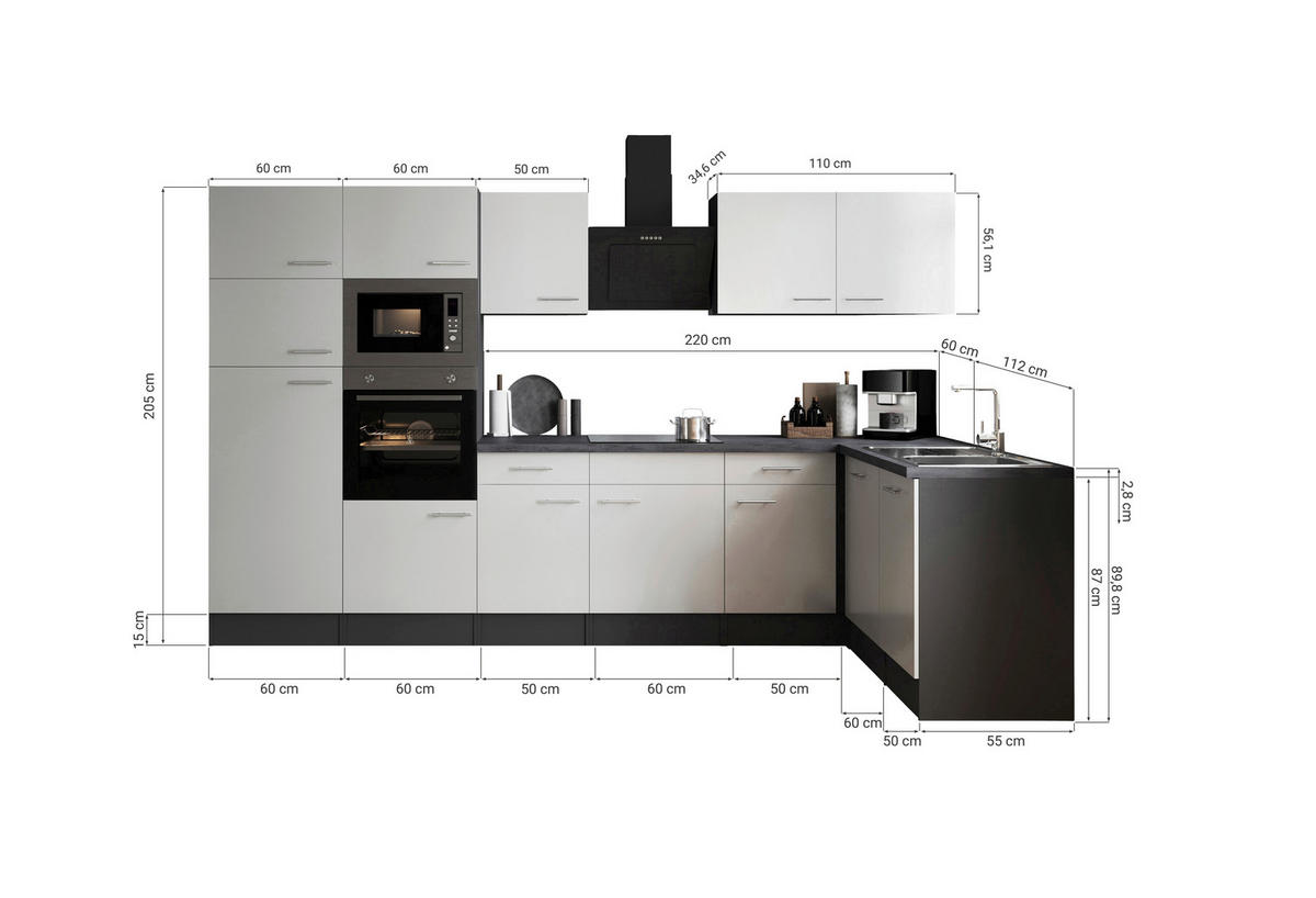 ECKKÜCHE 340/172 cm  in Grau, Weiß  - Silberfarben/Weiß, Design, Holzwerkstoff/Metall (340/172cm) - Respekta