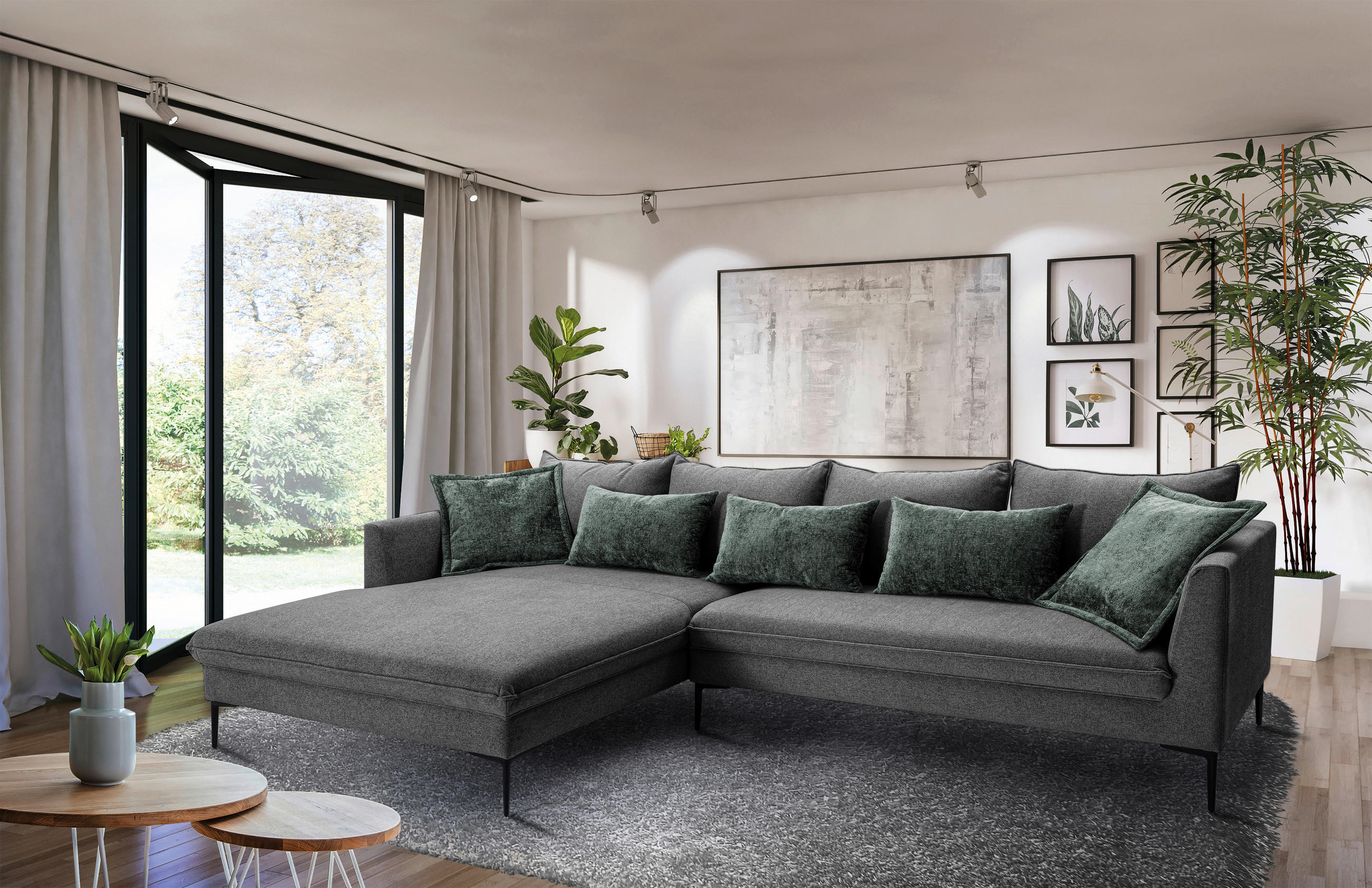 ECKSOFA in Flachgewebe Dunkelgrau  - Dunkelgrau/Schwarz, Design, Textil/Metall (187/321cm) - Livetastic