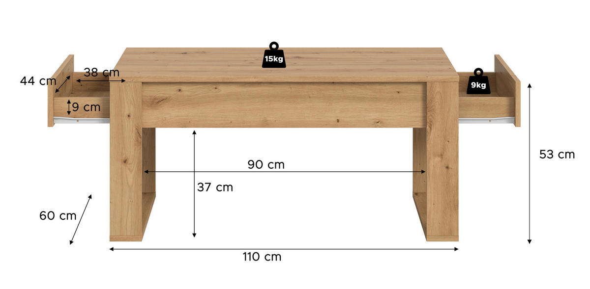 COUCHTISCH Holzwerkstoff  - Eiche Artisan, Design, Holzwerkstoff (110/52/60cm) - Livetastic