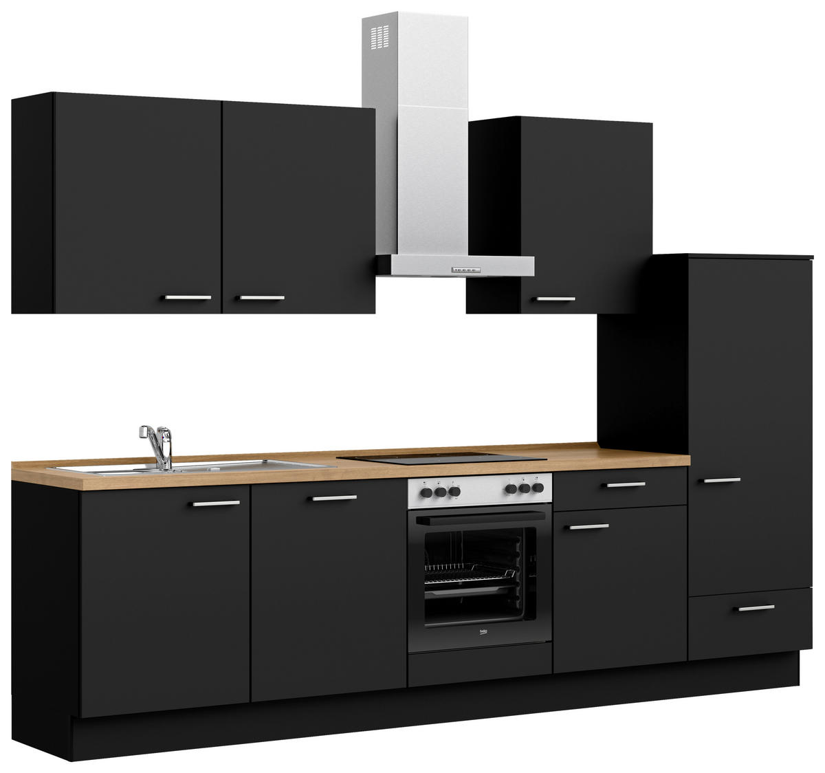 KÜCHENBLOCK Touch 300 cm  in Schwarz, Eichefarben  - Edelstahlfarben/Eichefarben, MODERN, Holzwerkstoff/Metall (300cm) - Nobilia
