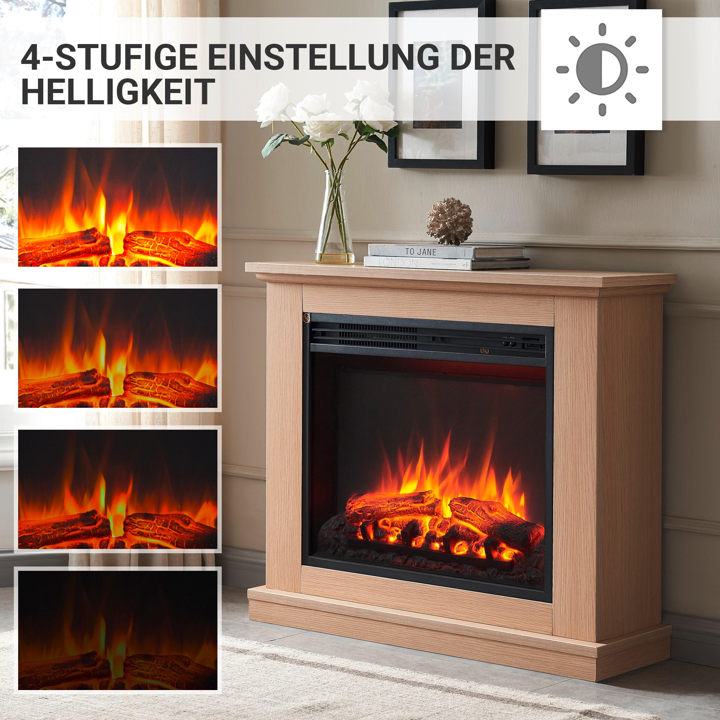 Thumbnail - Elektrokamin Balderia Phanos, Hellbraun, Metall, 82x69x25 cm, Fernbedienung, Flammeneffekt separat schaltbar, Überhitzun...