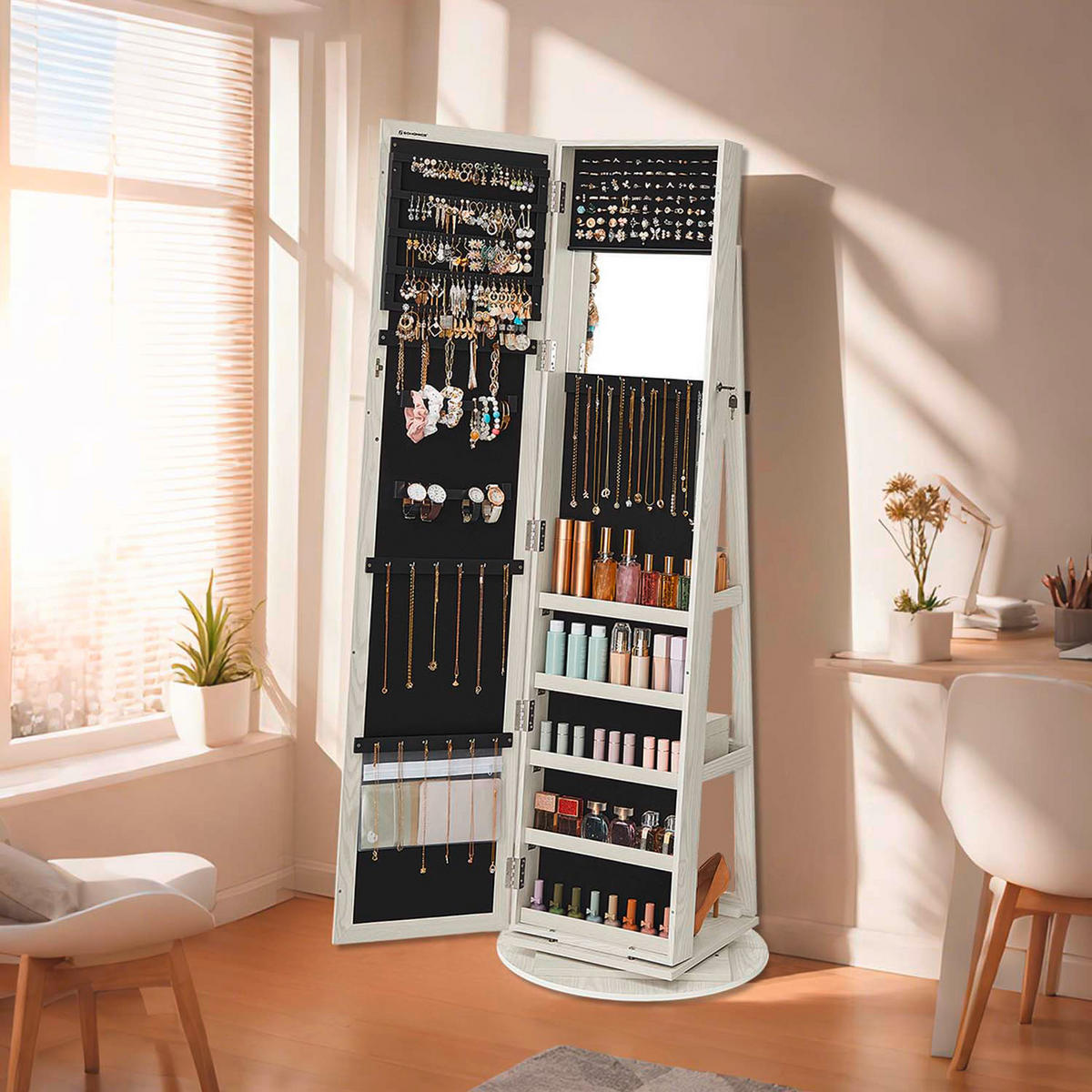 SCHMUCKSCHRANK - Eiche Bianco, Basics, Glas/Holzwerkstoff (55/155cm)