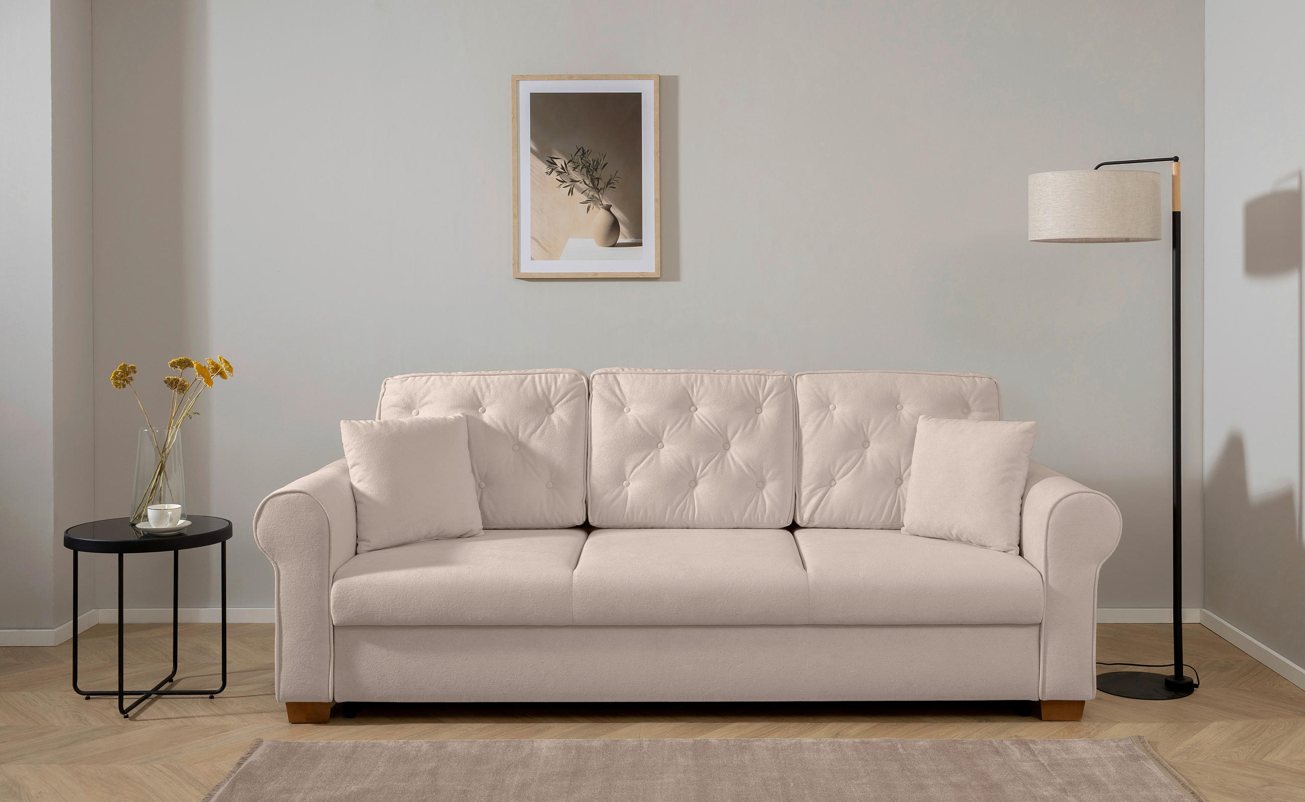 SCHLAFSOFA  mit Bettkasten erhältlich, Liegefunktion, Rücken echt, Armteil links, Armteil rechts Bouclé Taupe  - Taupe/Buchefarben, Design, Holz/Textil (240/94/98cm) - MID.YOU