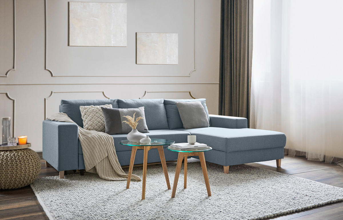 ROHOVÁ SEDAČKA, textil, světle modrá - světle modrá/barvy buku, Design, dřevo/textil (260/160cm) - Ti'me