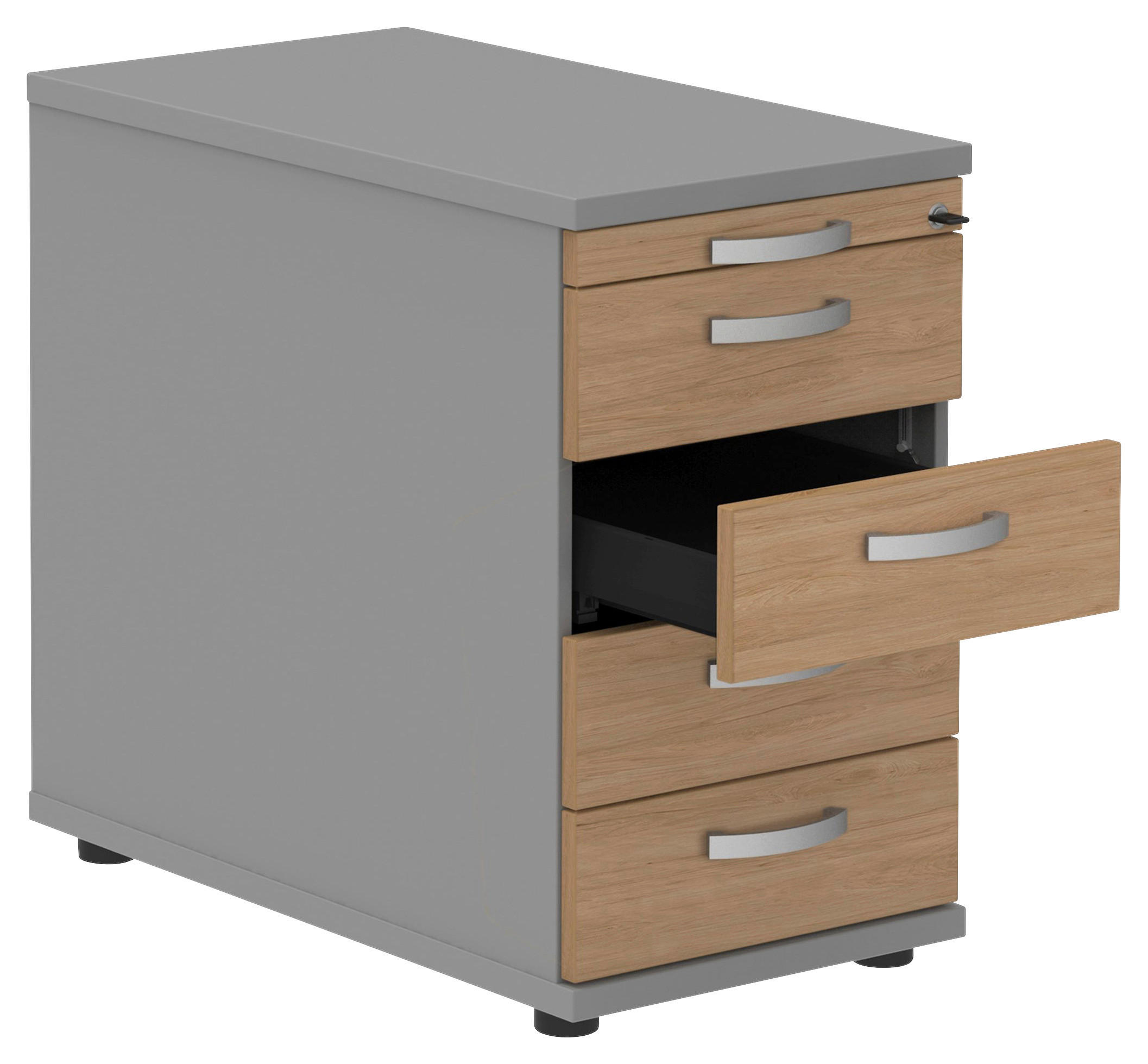 Thumbnail - Moderano Anstellcontainer, Grau, Eiche, Alu, Metall, 5 Schublade(n) Schubladen, 43x72-78x80 cm, Made in Germany, Arbeits...