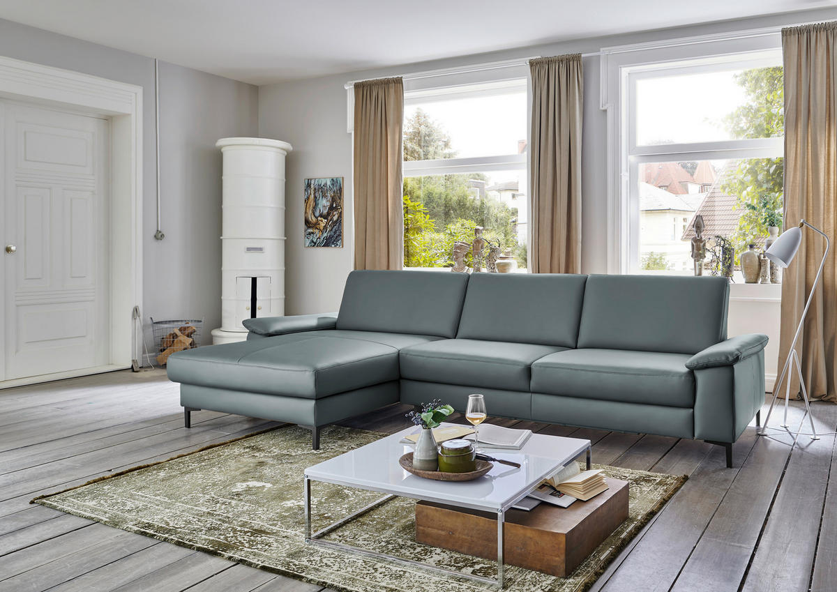 ECKSOFA in Echtleder Blaugrau  - Blaugrau/Schwarz, Design, Leder/Metall (176/334cm) - Dieter Knoll