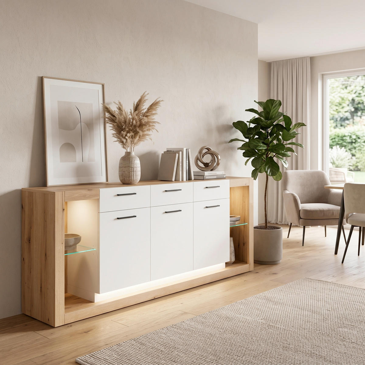 SIDEBOARD  198/83/43 cm 3 Schublade(n)  - Eichefarben/Schwarz, Design, Glas/Holzwerkstoff (198/83/43cm) - MID.YOU