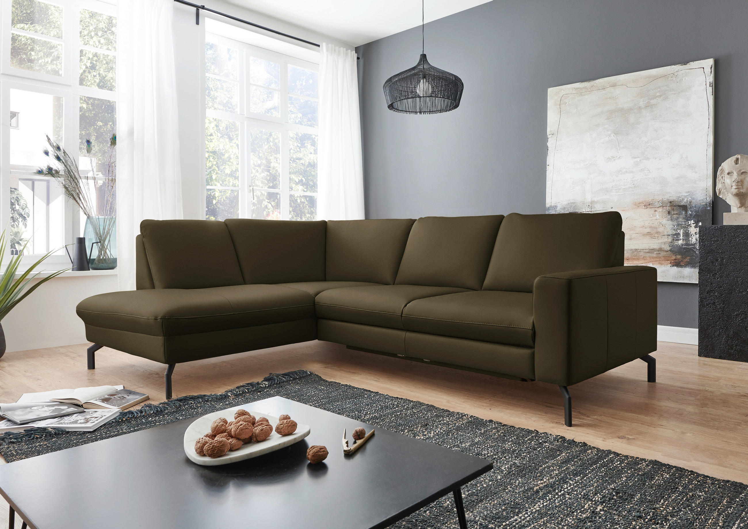 ECKSOFA in Echtleder Dunkelgrün  - Dunkelgrün/Schwarz, Design, Leder/Metall (194/250cm) - Beldomo Premium