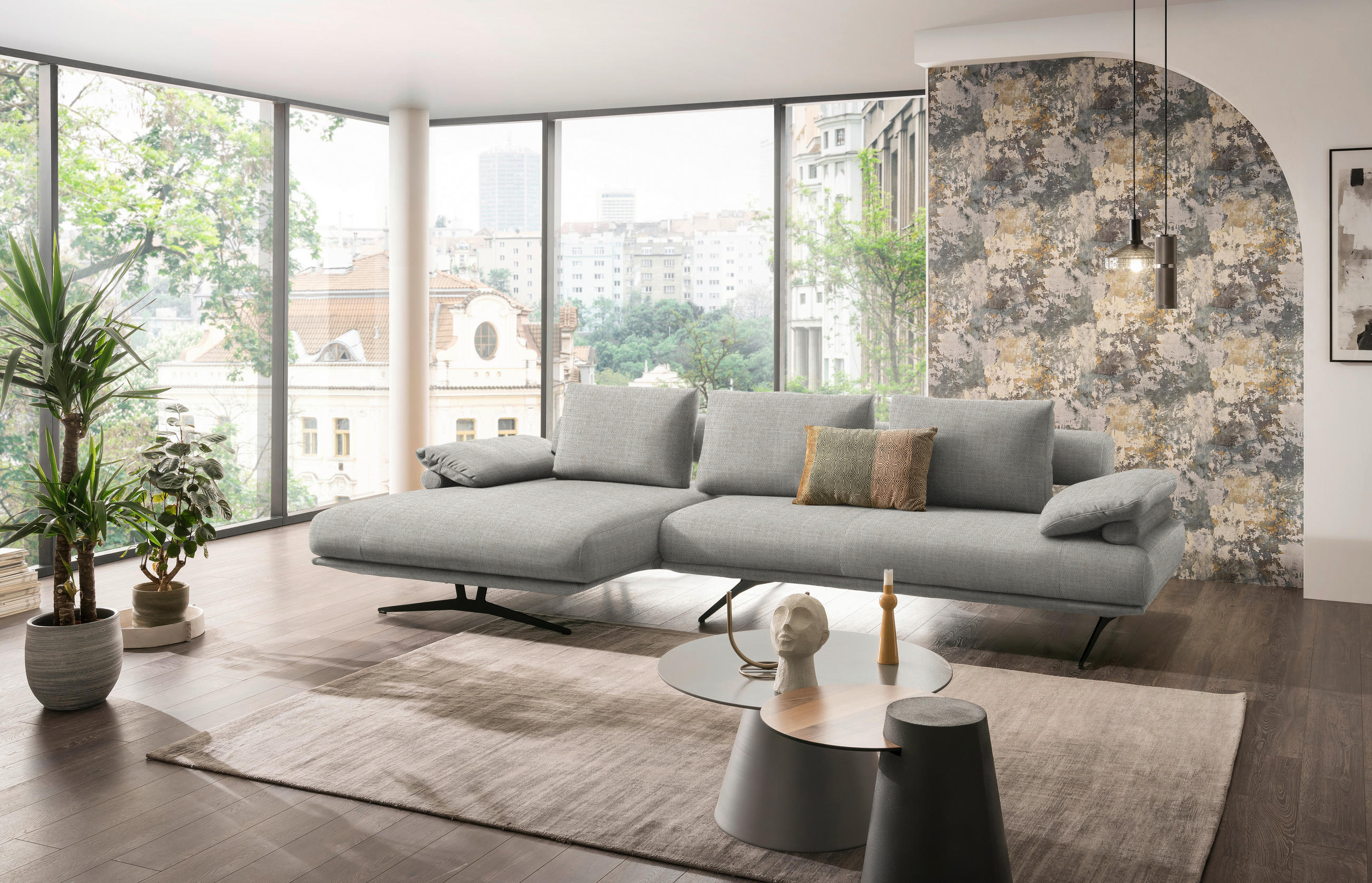 ECKSOFA in Chenille Ecru  - Ecru/Schwarz, Design, Textil/Metall (168/334cm) - Dieter Knoll