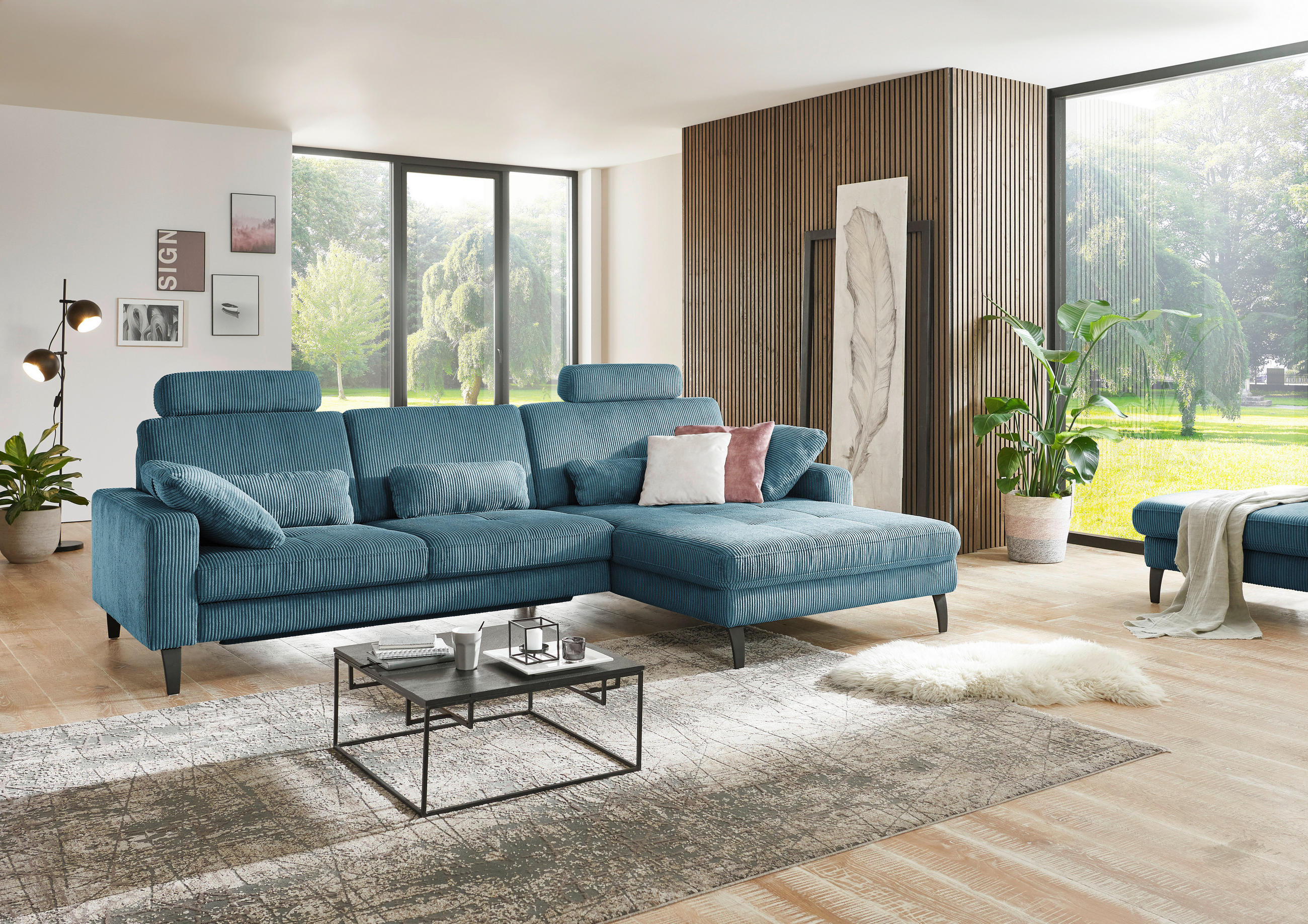 ECKSOFA in Cord Petrol  - Petrol/Schwarz, Modern, Textil/Metall (302/177cm) - Beldomo Style