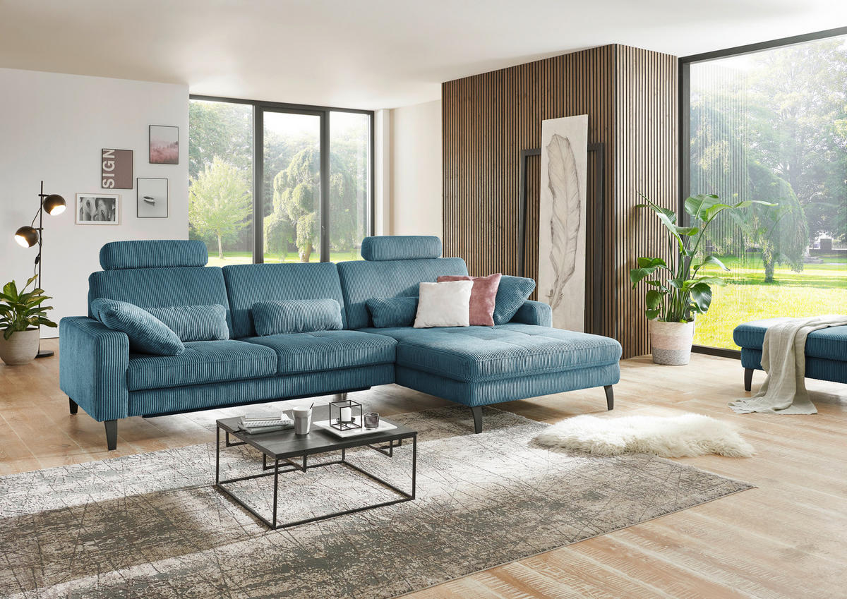 ECKSOFA in Cord Petrol  - Petrol/Schwarz, Modern, Textil/Metall (302/177cm) - Beldomo Style