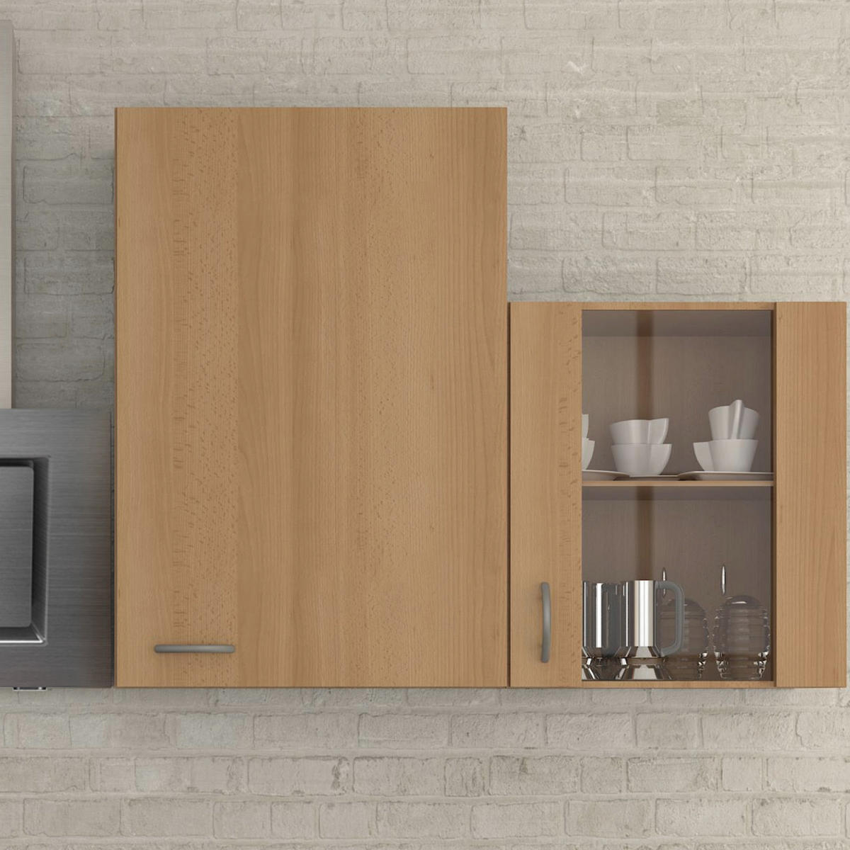 KÜCHENBLOCK 220 cm   in Buchefarben  - Edelstahlfarben/Beige, MODERN, Glas/Holzwerkstoff (220cm) - FlexWell