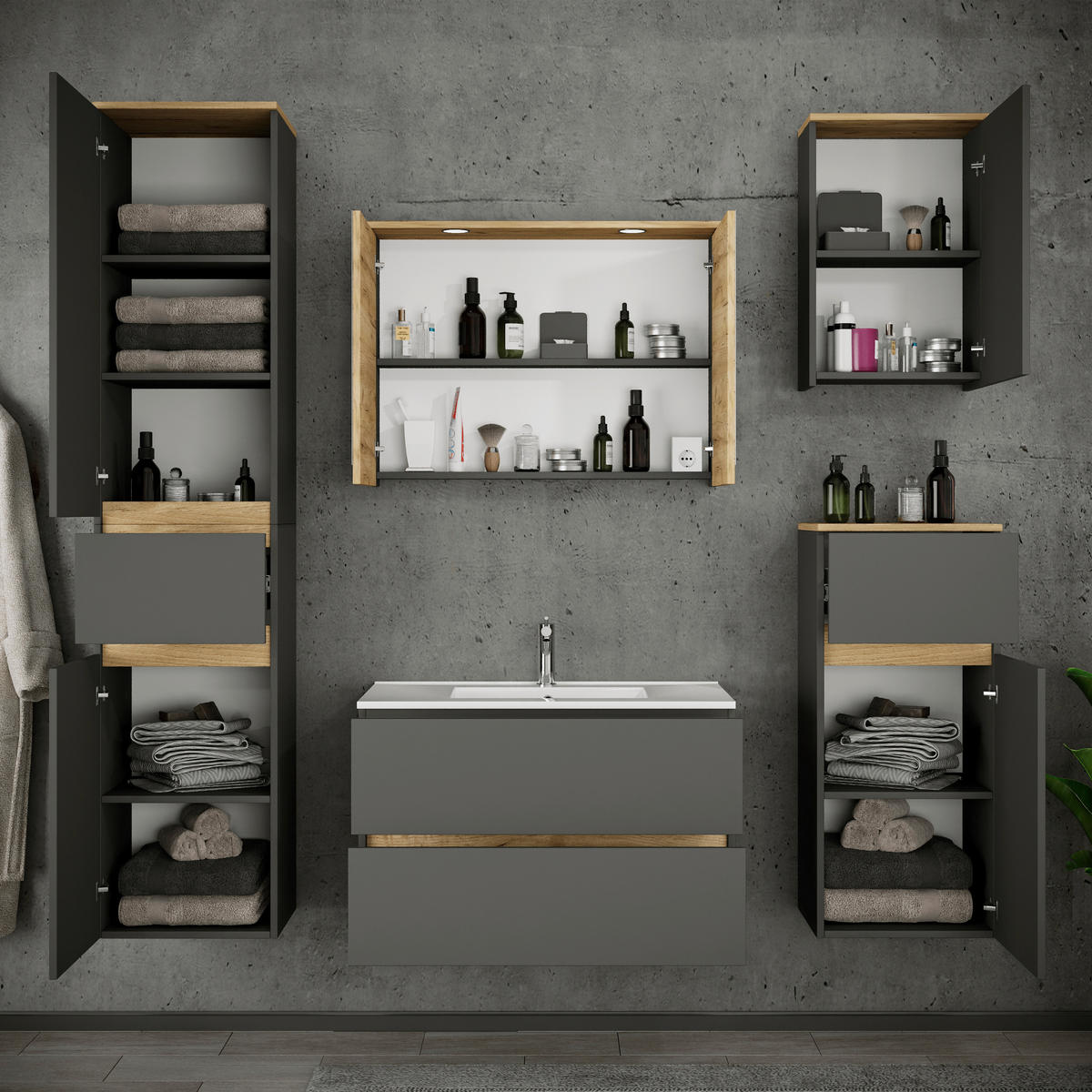 BADEZIMMER 6-teilig  in 161 cm  - Anthrazit/Weiß, Trend, Keramik/Holzwerkstoff (161cm) - MID.YOU
