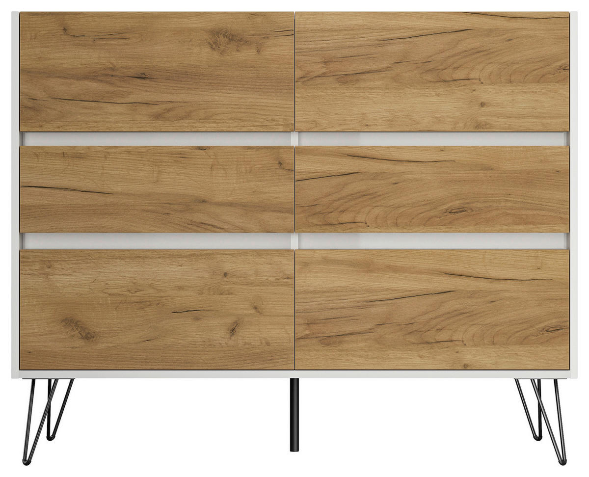 SIDEBOARD Posseik Industrial 120/93,6/42 cm 6 Schublade(n)  - Eichefarben/Weiß Hochglanz, Design, Holzwerkstoff/Metall (120/93,6/42cm) - P & B