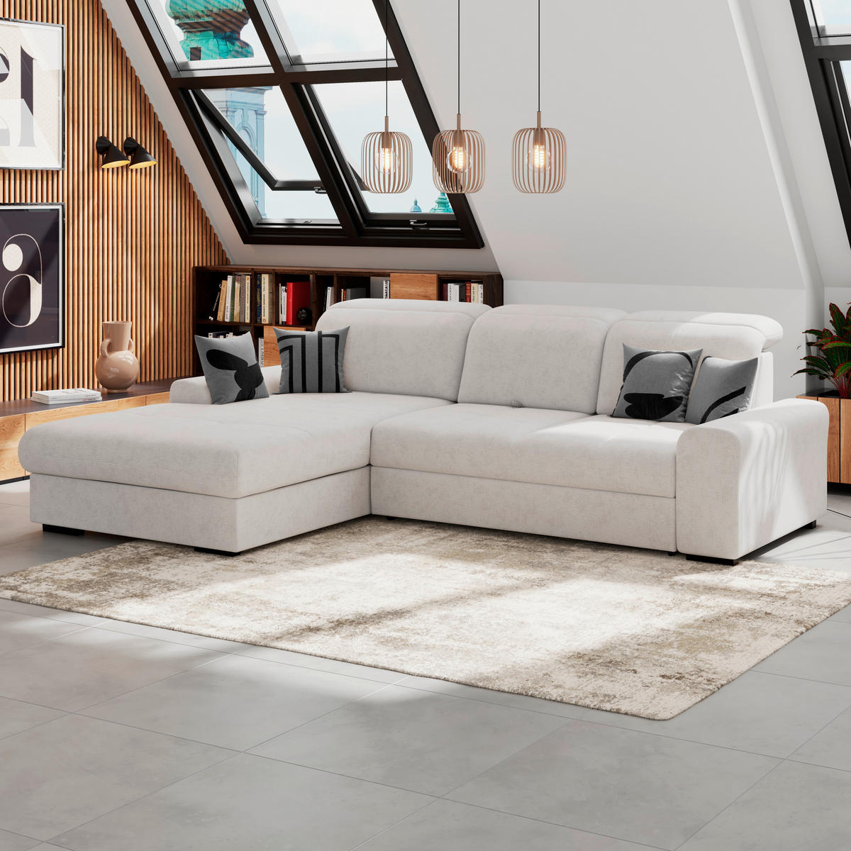 ECKSOFA Weiß Chenille Rücken echt, Kopfteilverstellung  - Schwarz/Weiß, KONVENTIONELL, Holz/Textil (203/286cm) - MID.YOU