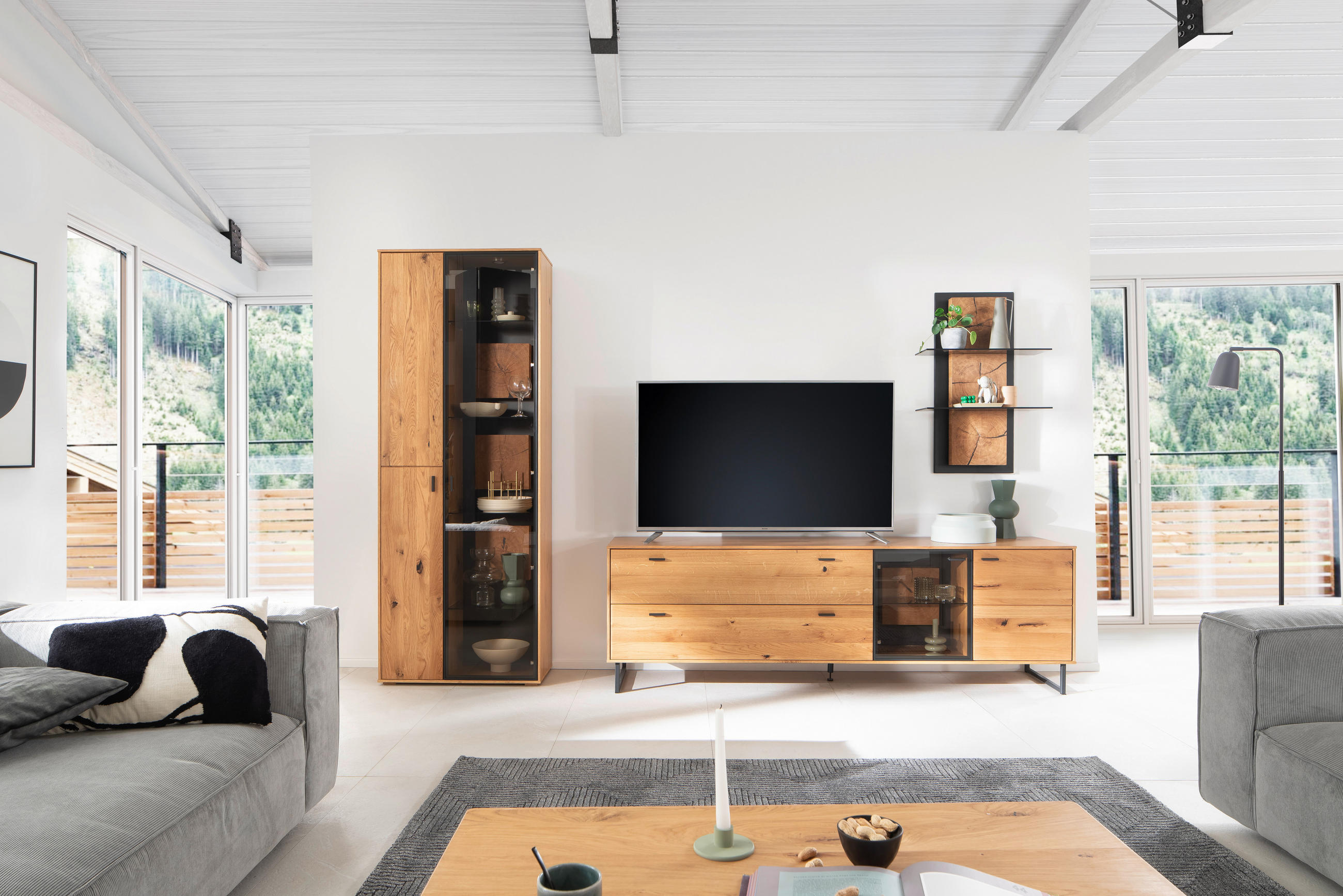 WANDREGAL Wildeiche furniert, massiv Anthrazit, Wildeiche  - Wildeiche/Anthrazit, Design, Glas/Holz (60/91/26cm) - MID.YOU