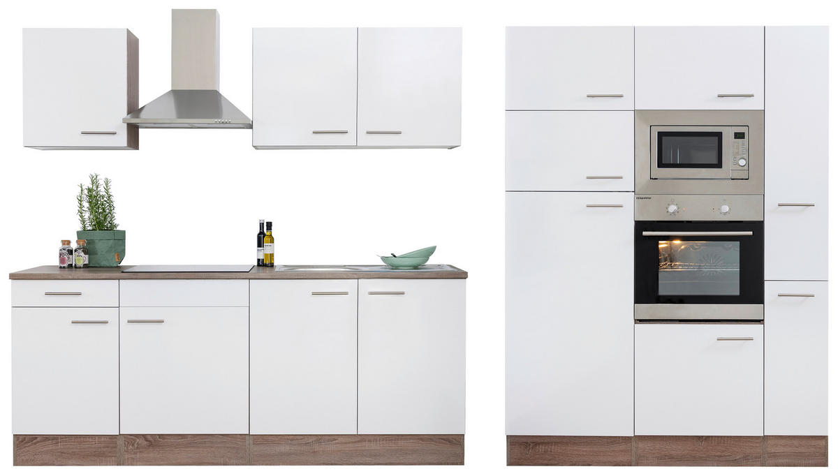 KÜCHENBLOCK 360 cm   in Eichefarben, Weiss  - Weiss/Edelstahlfarben, Design, Holzwerkstoff/Metall (360cm) - Respekta
