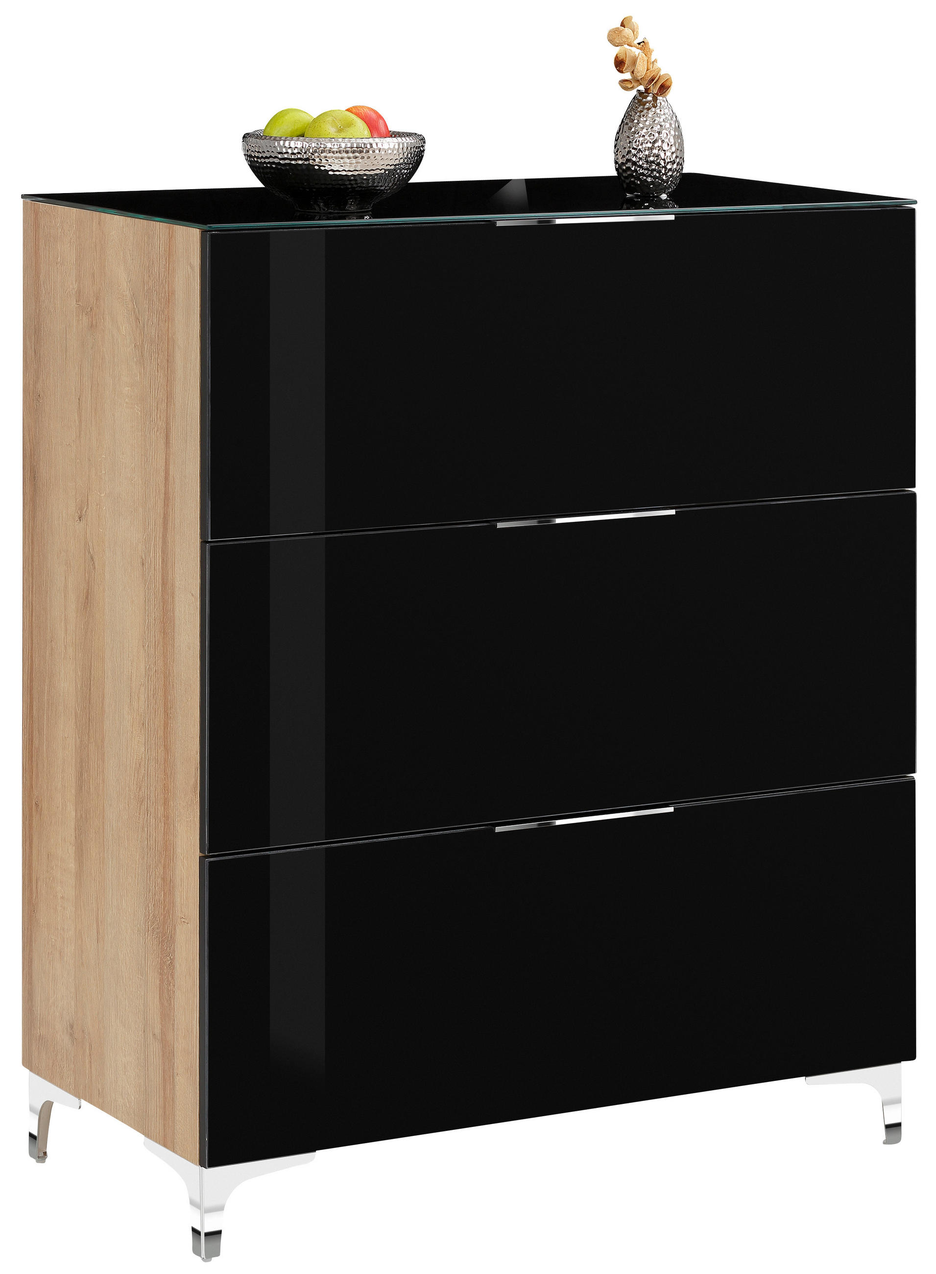 KOMMODE Schwarz, Eichefarben  - Chromfarben/Eichefarben, Design, Glas/Metall (90/108,6/46cm)
