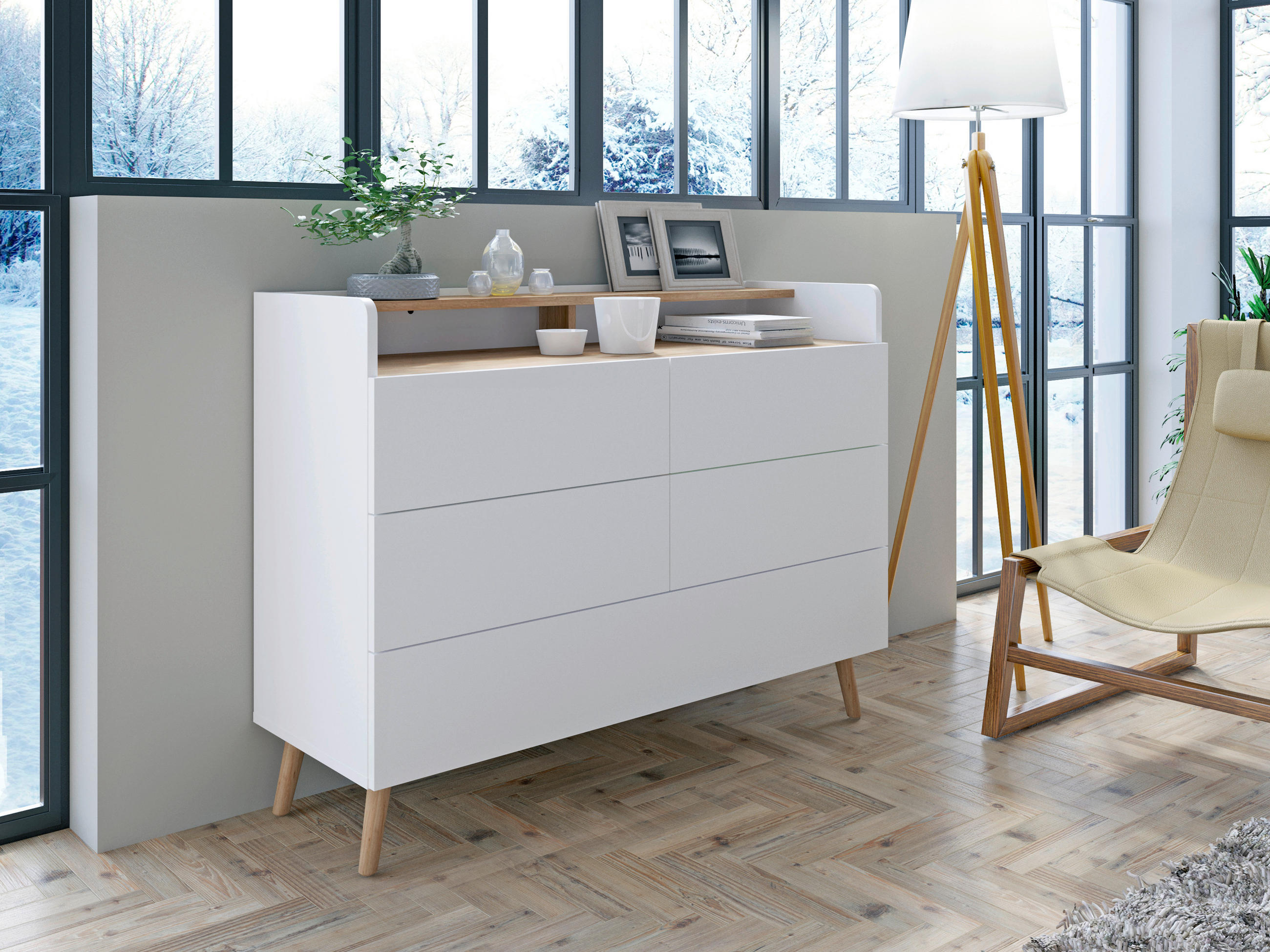COMODĂ ÎNALTĂ 119,8/90,1/41,7 cm  - alb/culoare lemn stejar, Konventionell, lemn/material pe bază de lemn (119,8/90,1/41,7cm) - Livetastic