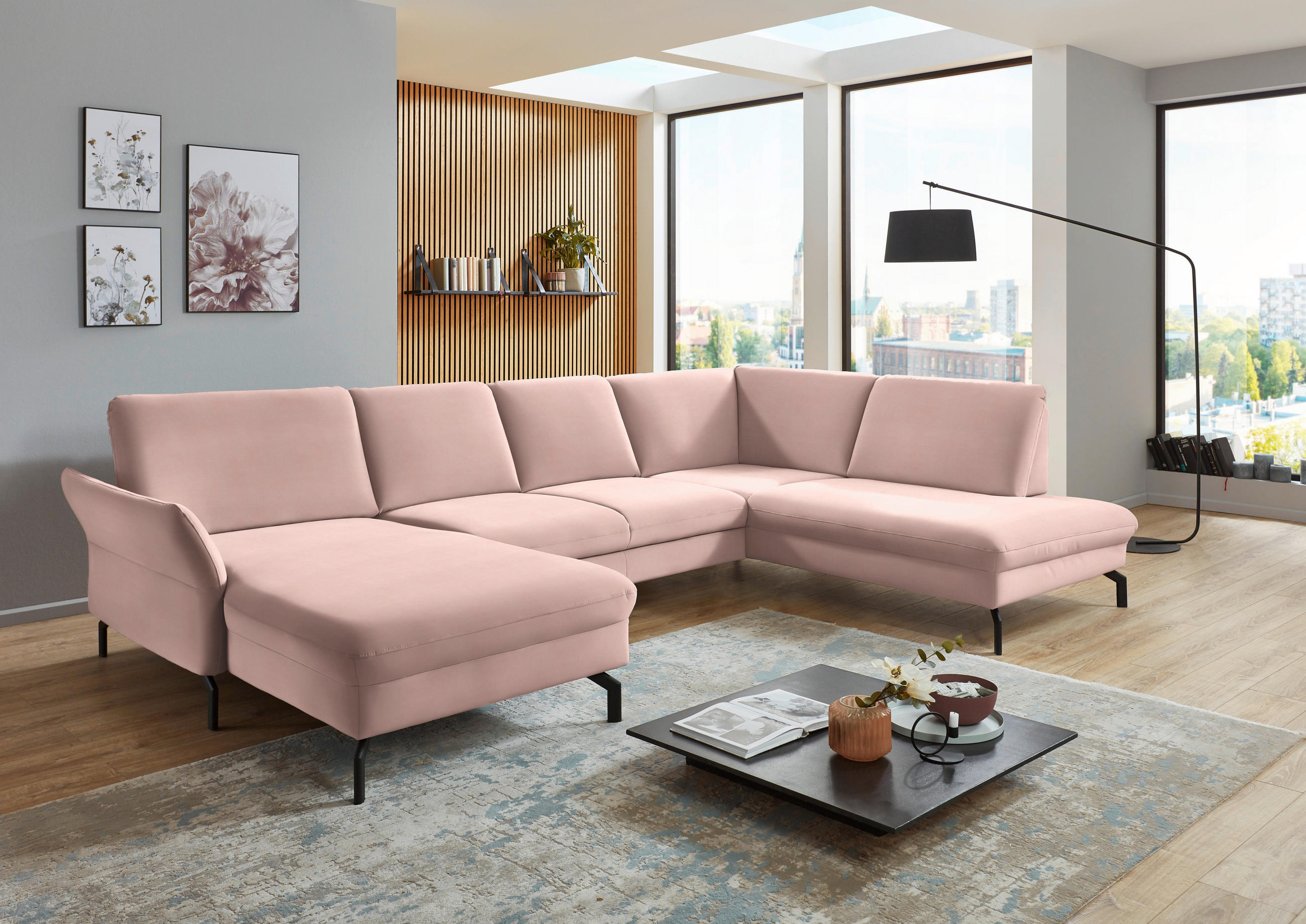 WOHNLANDSCHAFT in Velours Rosa  - Schwarz/Rosa, Design, Textil/Metall (179/335/220cm) - Beldomo System