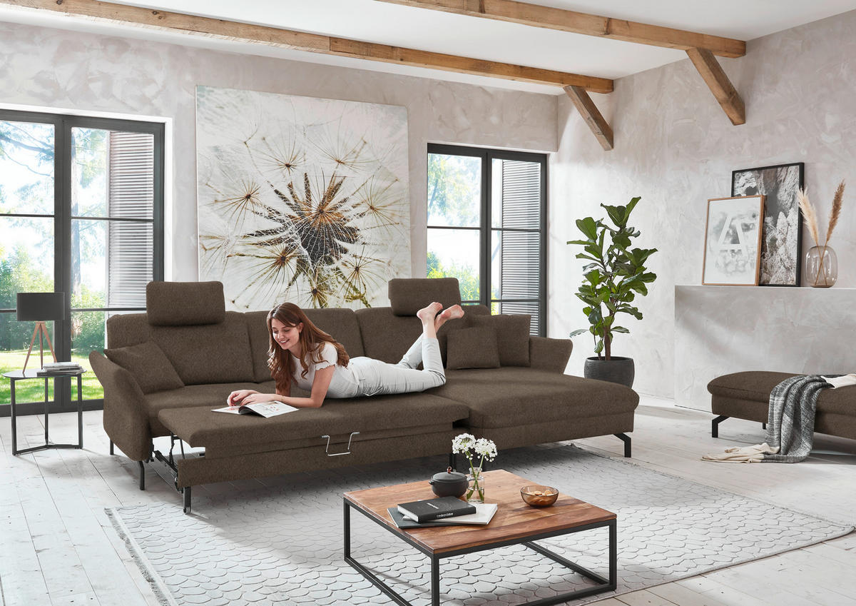 ECKSOFA in Velours Braun  - Schwarz/Braun, Design, Textil/Metall (306/179cm) - Beldomo System