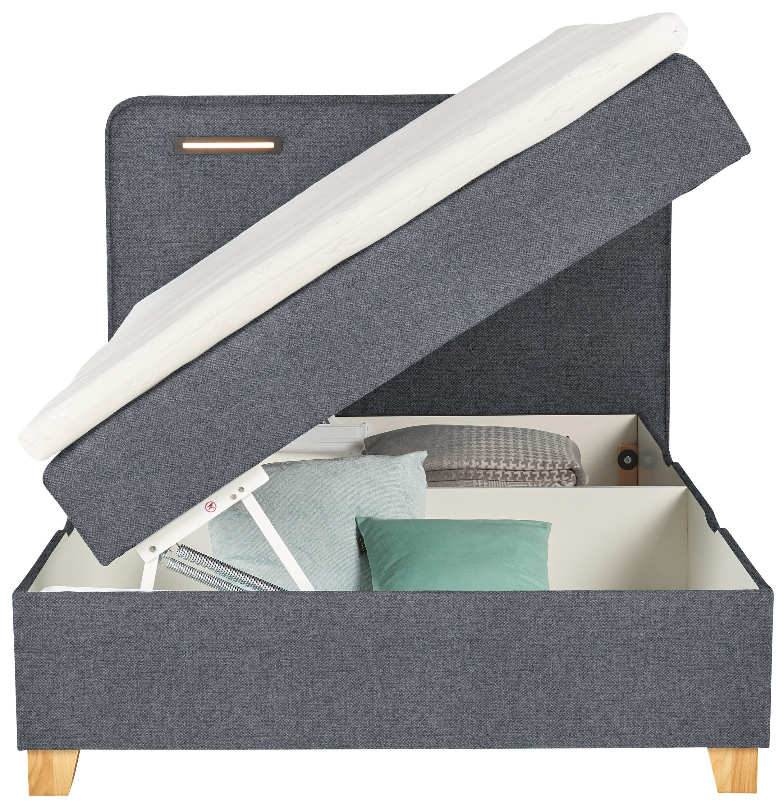 BOXBETT 120/200 cm,  in Dunkelgrau, Matratze, gepolstertes Kopfteil, Beleuchtung, Bettkasten, Topper, H2 = mittel  - Türkis/Eichefarben, KONVENTIONELL, Holz/Holzwerkstoff (120/200cm) - Moderano