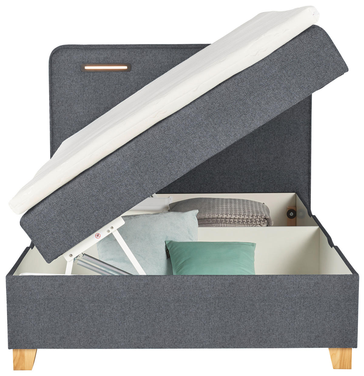 BOXBETT 120/200 cm,  in Dunkelgrau, Matratze, gepolstertes Kopfteil, Beleuchtung, Bettkasten, Topper, H2 = mittel  - Türkis/Eichefarben, KONVENTIONELL, Holz/Holzwerkstoff (120/200cm) - Moderano