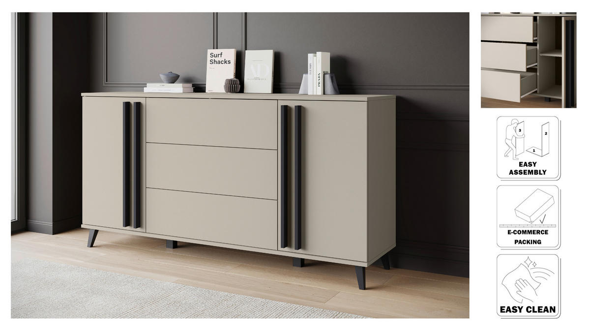SIDEBOARD Helsinki  in 150/77,8/39,5 cm  - Beige/Schwarz, Trend, Holzwerkstoff/Kunststoff (150/77,8/39,5cm)