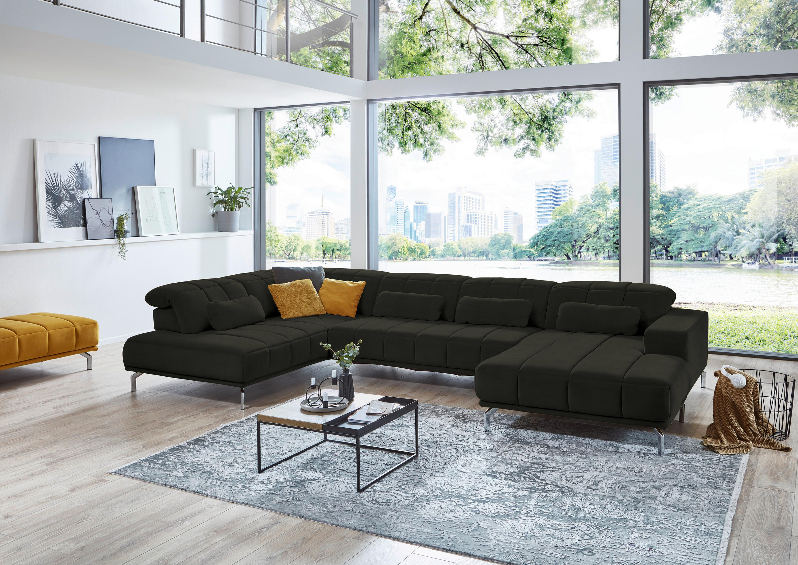WOHNLANDSCHAFT Dunkelgrün, Olivgrün Velours  - Dunkelgrün/Schwarz, Design, Textil/Metall (219/383/195cm) - Beldomo Style