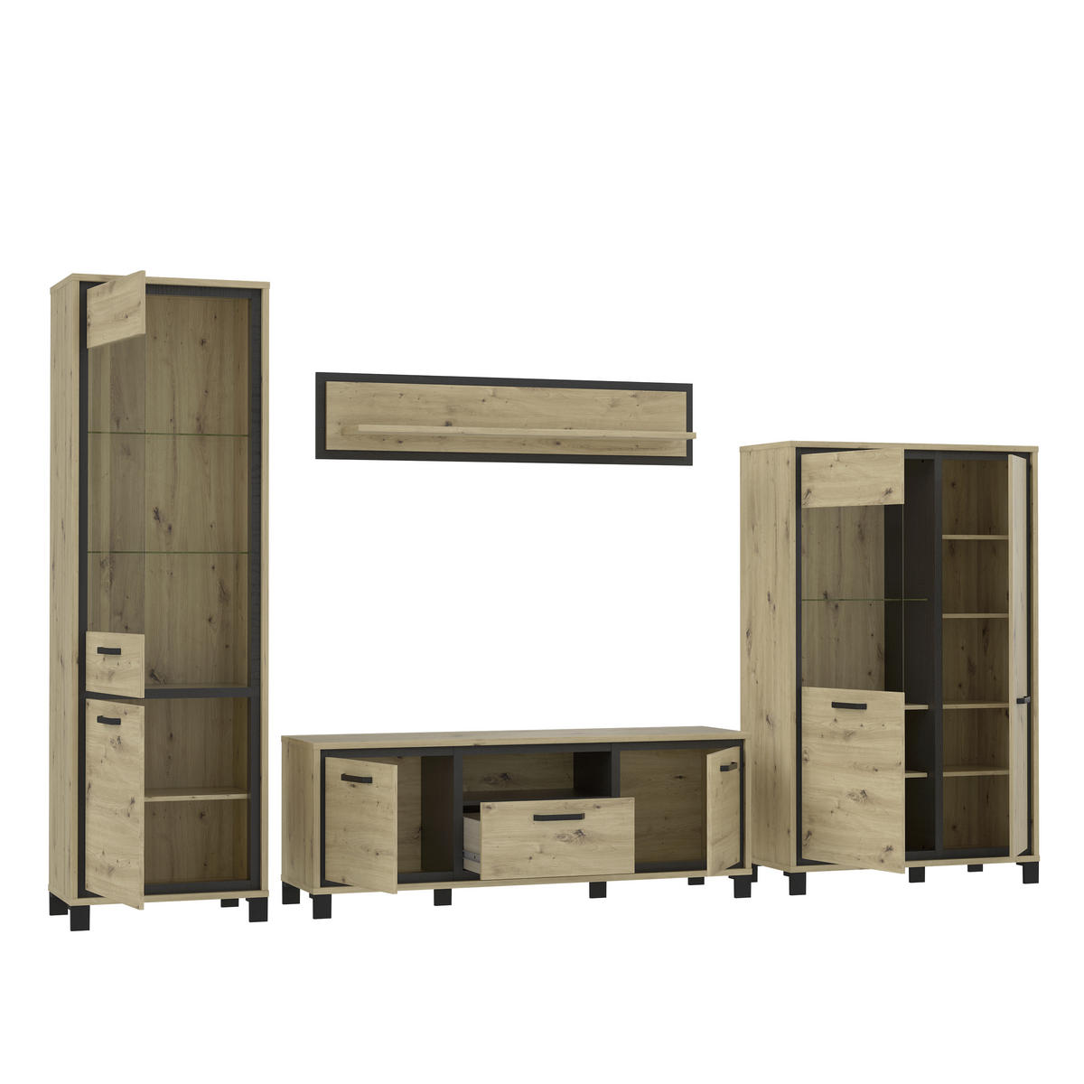 WOHNWAND  in Eichefarben  344,2/208/41,5 cm  - Eichefarben/Schwarz, Basics, Glas/Holzwerkstoff (344,2/208/41,5cm) - Livetastic