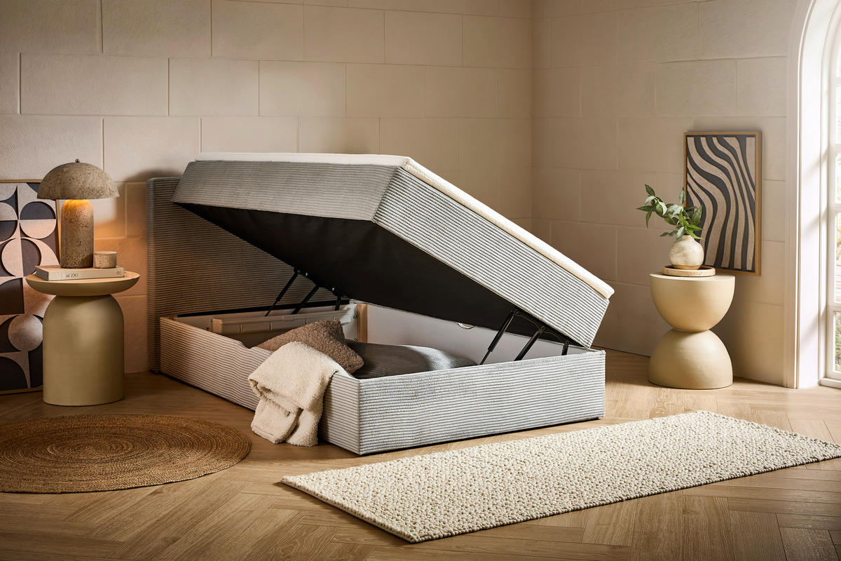 BOXBETT 120/200 cm,  in Hellgrau, Kissen, Bettkasten, Topper, H3 = fest  - Hellgrau/Schwarz, Design, Kunststoff/Textil (120/200cm) - Chameo