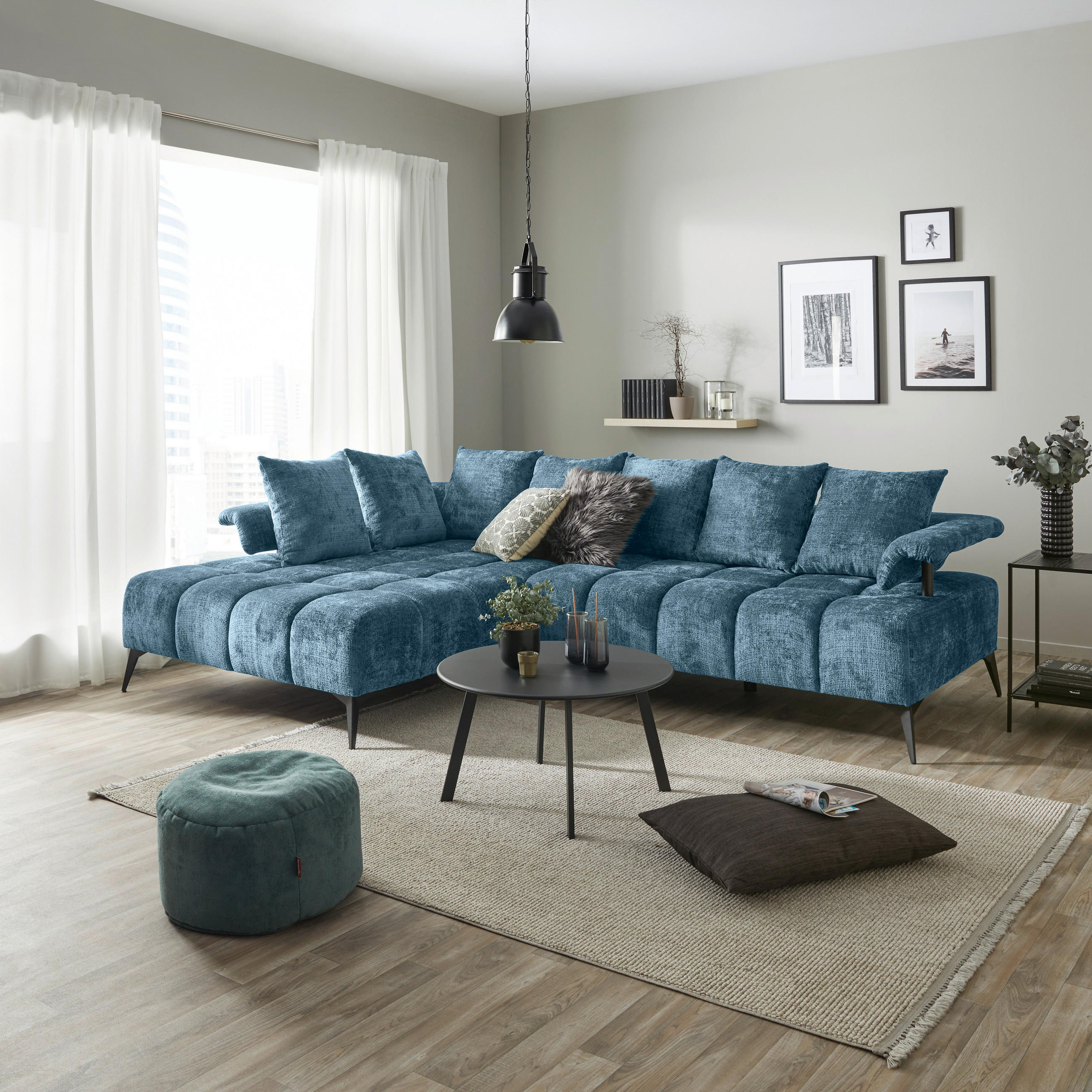 ECKSOFA VANESSA Blau Flachgewebe  - Blau/Schwarz, MODERN, Kunststoff/Textil (200/297cm) - Livetastic