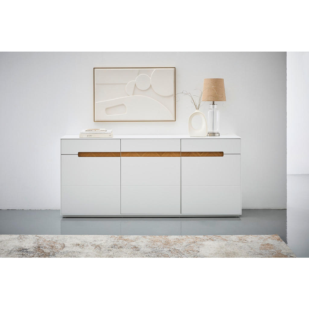Thumbnail - Mid.you Sideboard, Weiß, Eiche, Holzwerkstoff, Fischgrät, 3 Fächer, 1 Schubladen, 183x82x40 cm, Wohnzimmer, Kommoden & S...
