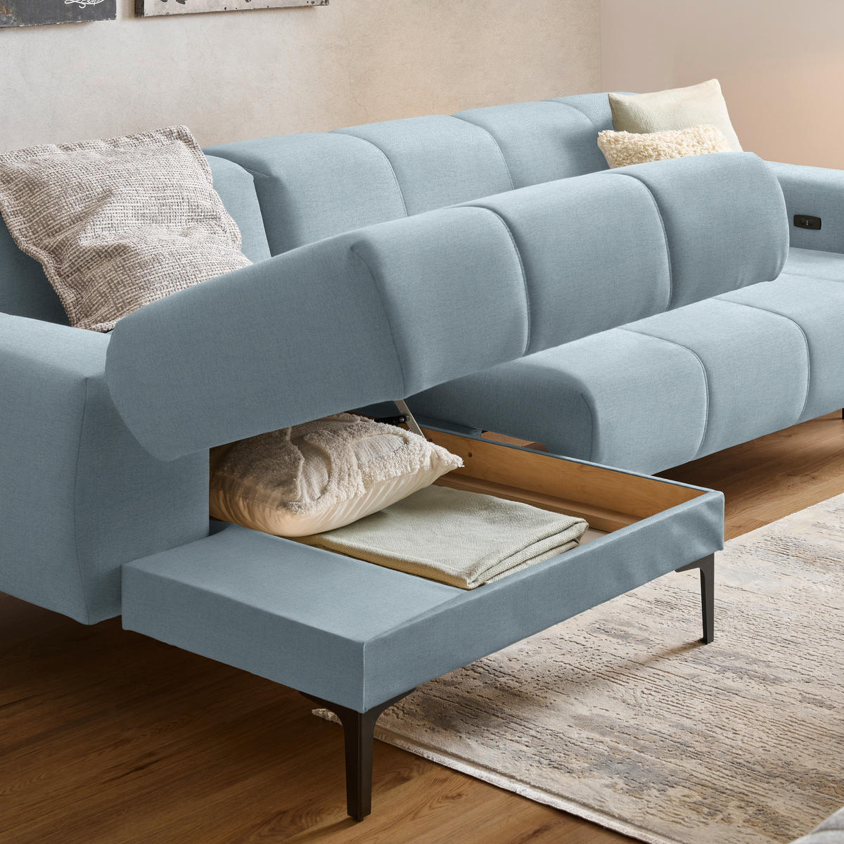 ECKSOFA in Chenille Pastellblau  167/311 cm  - Pastellblau/Schwarz, Design, Textil/Metall (167/311cm) - Xora