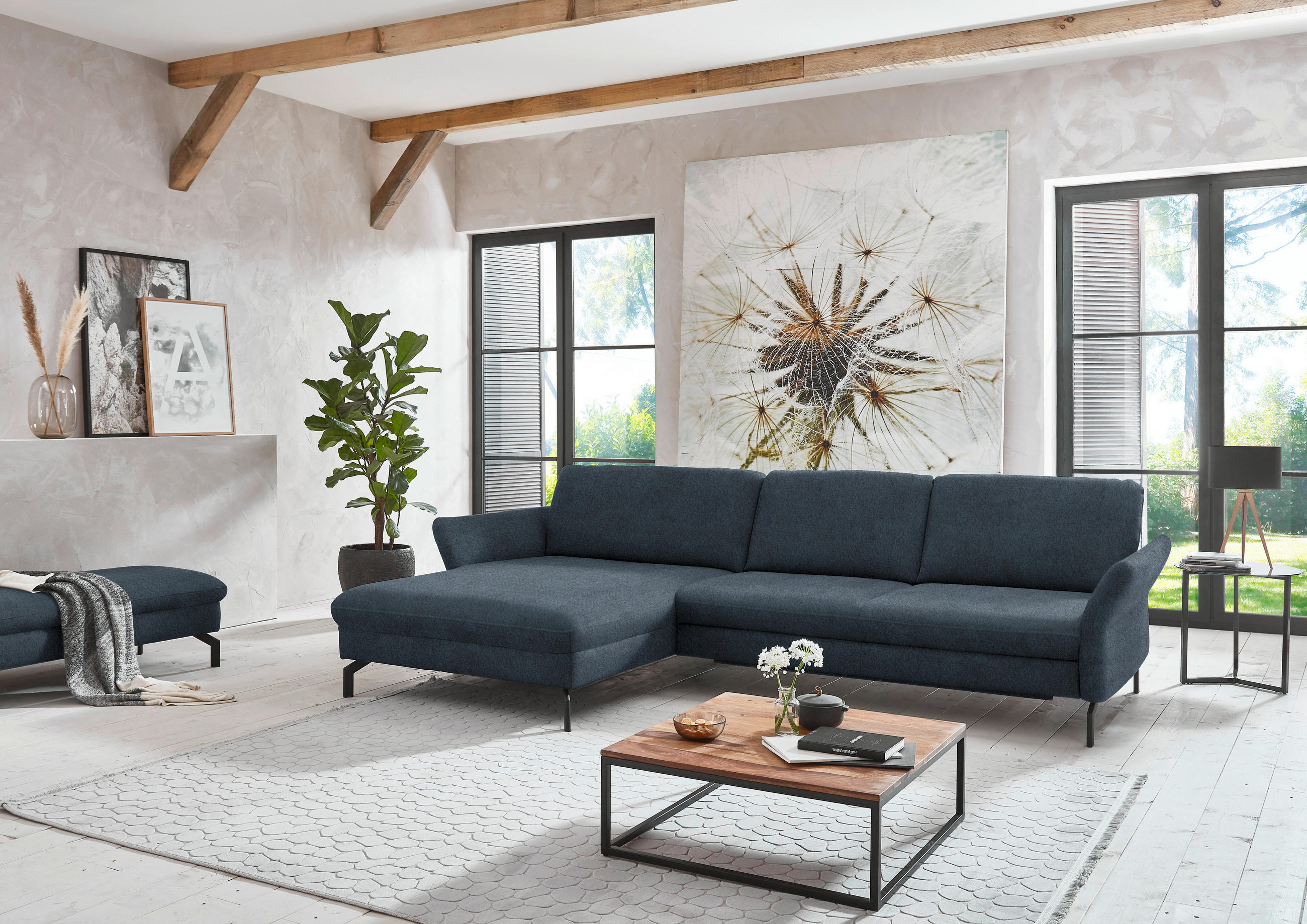 ECKSOFA in Velours Blaugrau  - Blaugrau/Schwarz, Design, Textil/Metall (179/306cm) - Beldomo System