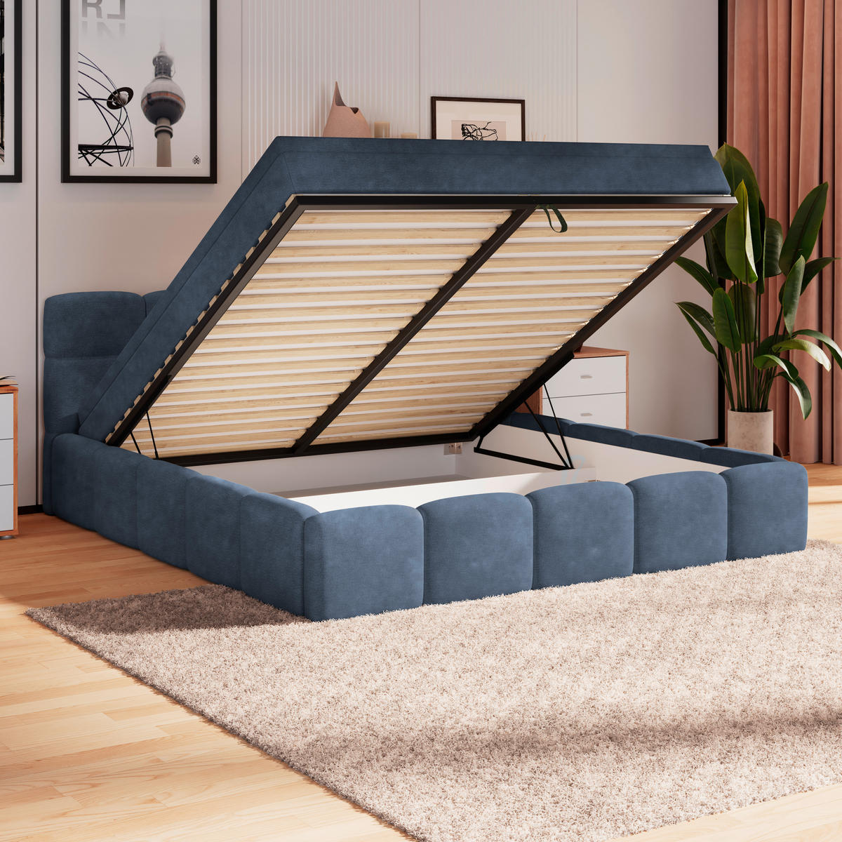 POLSTERBETT 160/200 cm,  in Blau, Matratze, Bettkasten, H3 = fest  - Blau/Schwarz, Trend, Kunststoff/Textil (160/200cm)