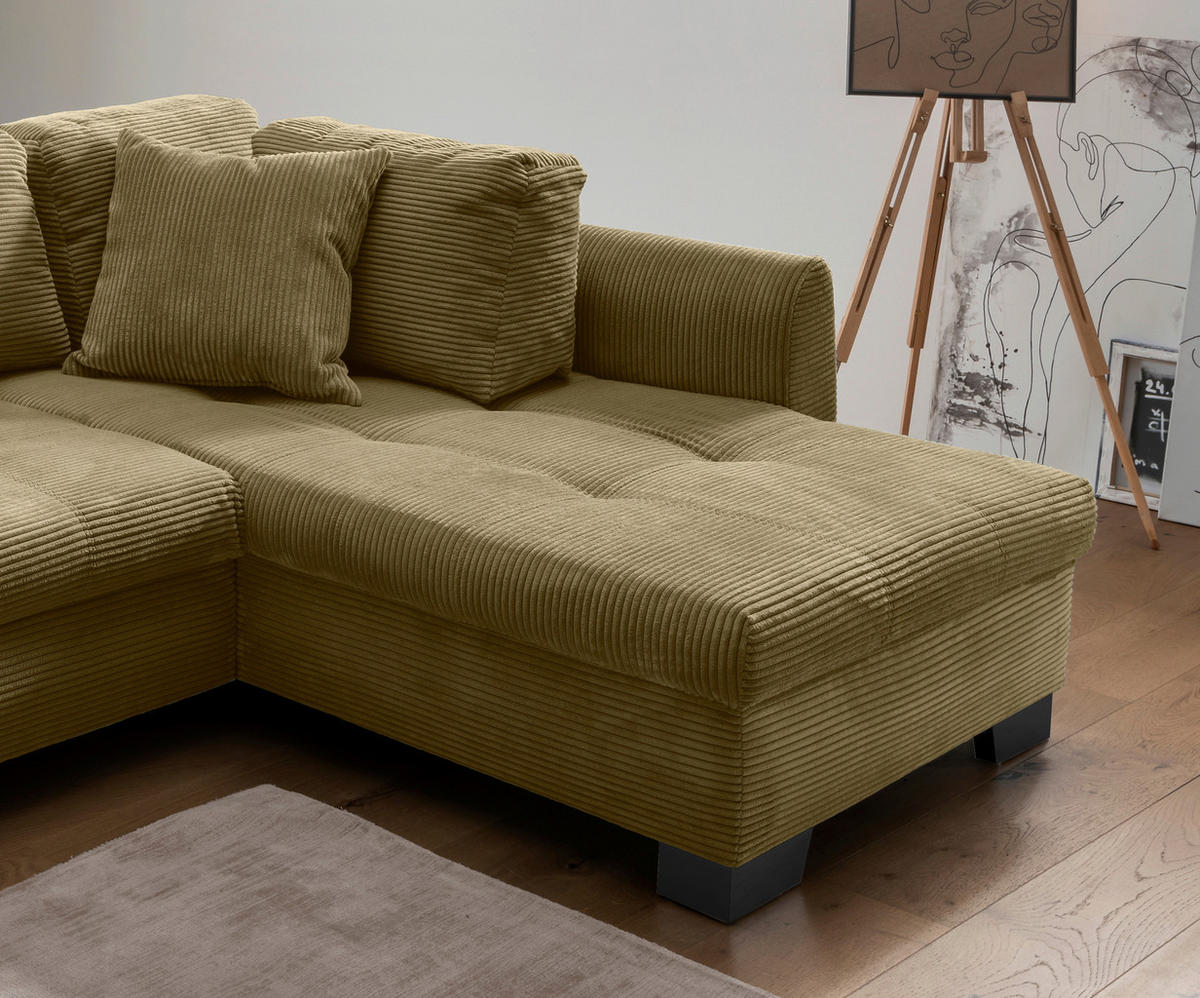 Wohnlandschaft in Cord Olivgrün  - Schwarz/Olivgrün, Design, Holz/Textil (250/190cm) - MID.YOU