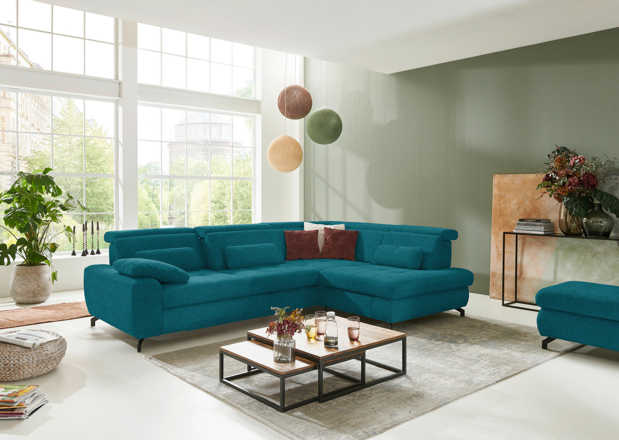 ECKSOFA in Chenille Petrol  - Petrol/Schwarz, Design, Textil/Metall (310/220cm) - Beldomo Style