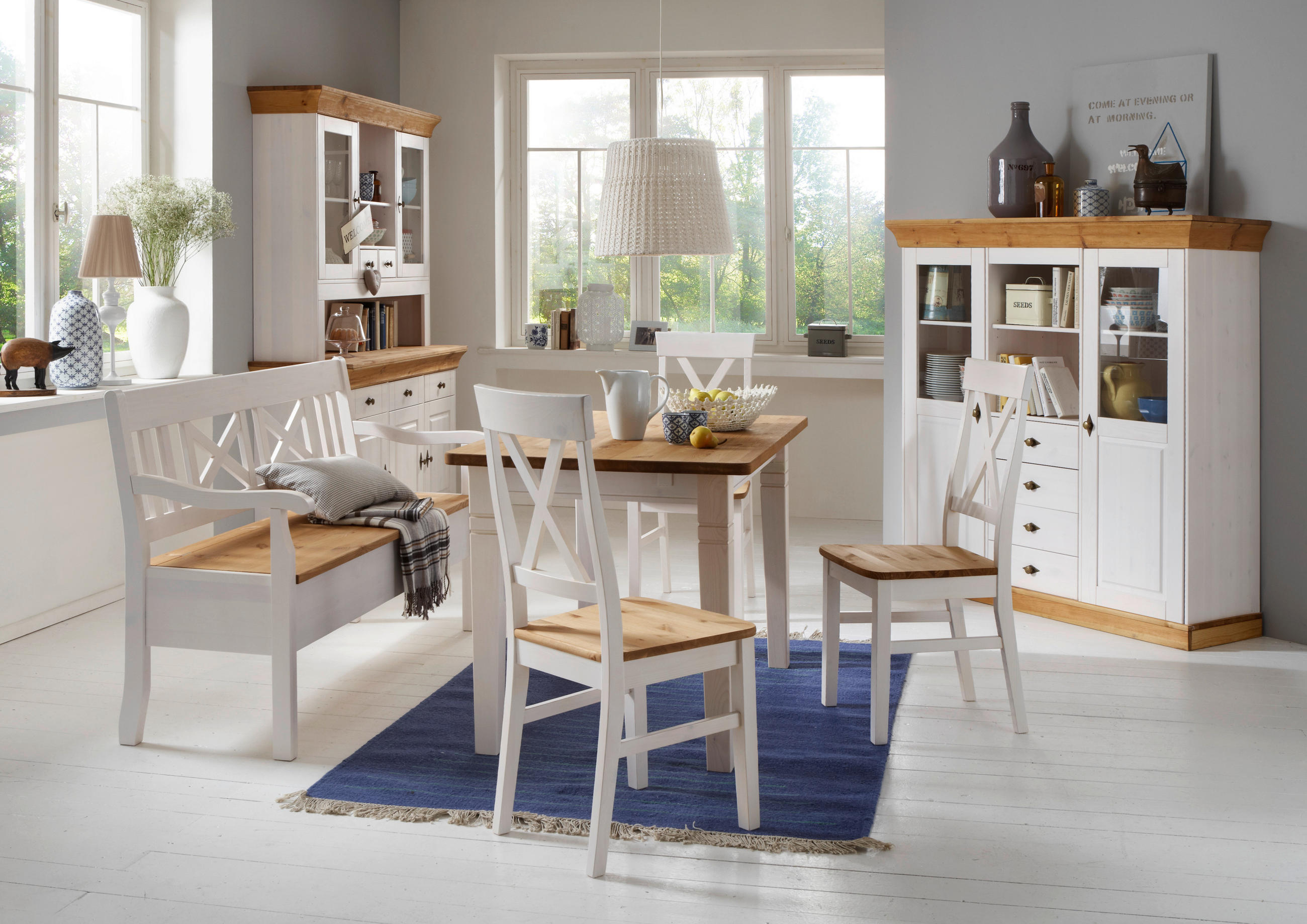 HIGHBOARD in 143/145/45 cm - Laugenfarbig/Weiß, ROMANTIK / LANDHAUS, Glas/Holz (143/145/45cm) - Boxxx
