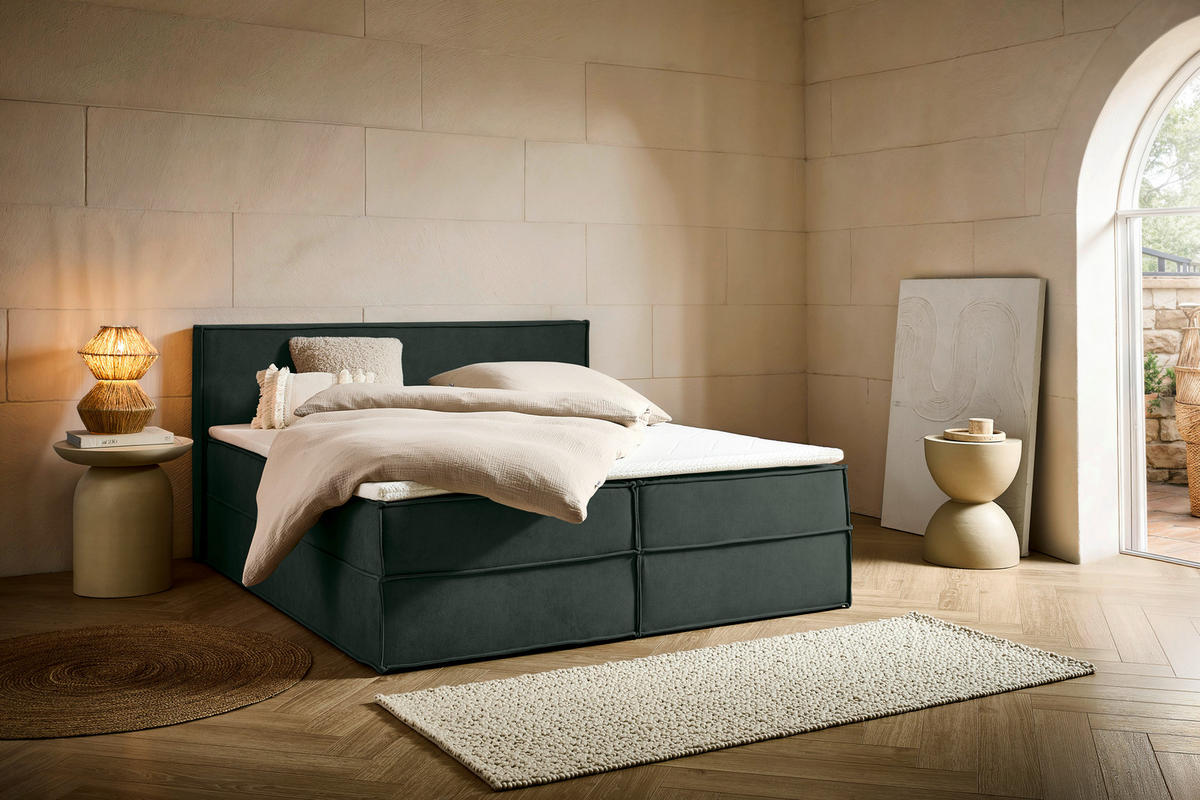 BOXBETT 160/200 cm,  in Waldgrün, Bettkasten, Topper, H3 + H3 = fest  - Waldgrün/Schwarz, Design, Kunststoff/Textil (160/200cm) - Chameo