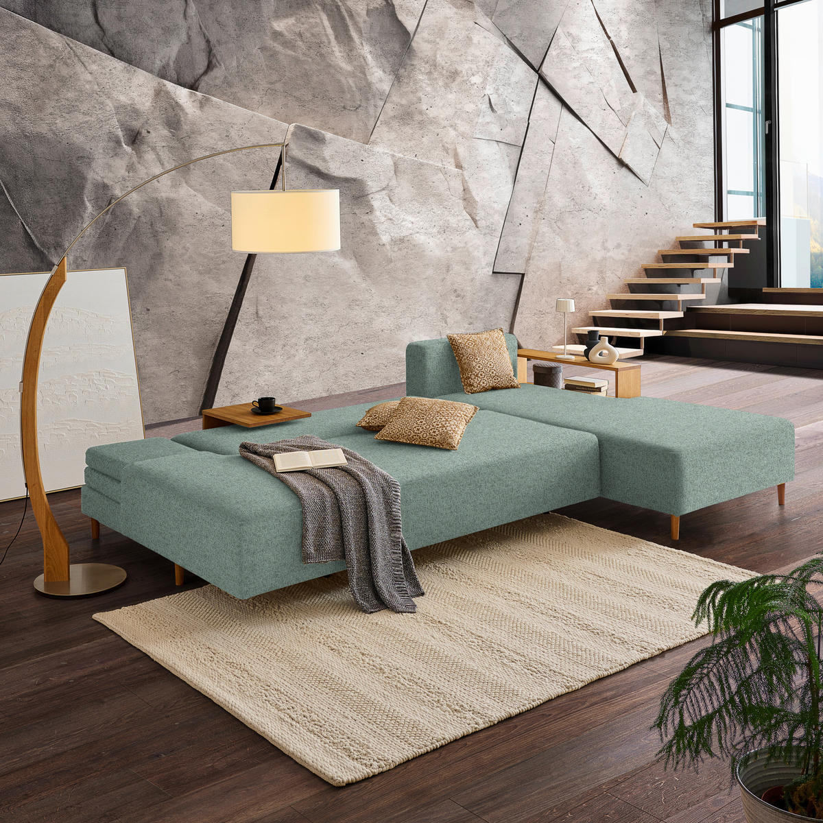 ECKSOFA in Flachgewebe Mintgrün  - Eichefarben/Mintgrün, Design, Holz/Textil (307/190cm) - Joka