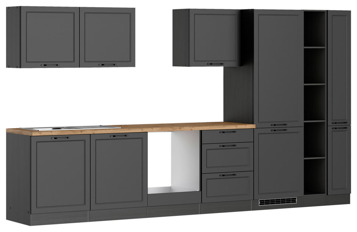 KÜCHENLEERBLOCK 360 cm   in Grau, Eiche Wotan  - Eiche Wotan/Schwarz, LIFESTYLE, Holzwerkstoff/Metall (360cm) - Held