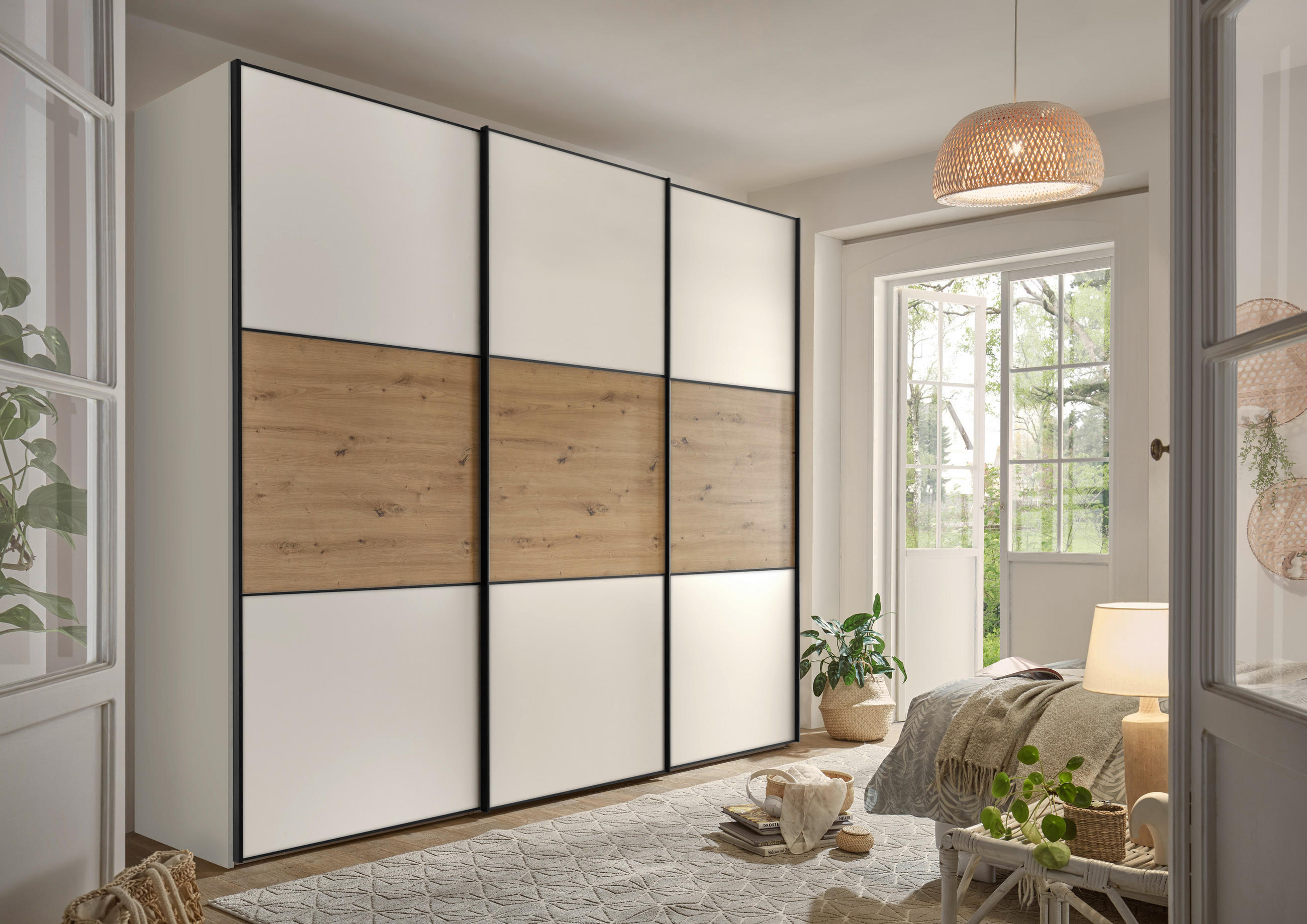 SCHWEBETÜRENSCHRANK in Weiss, Eiche Artisan  - Weiss/Schwarz, Holzwerkstoff/Metall (280/222/68cm) - Moderano
