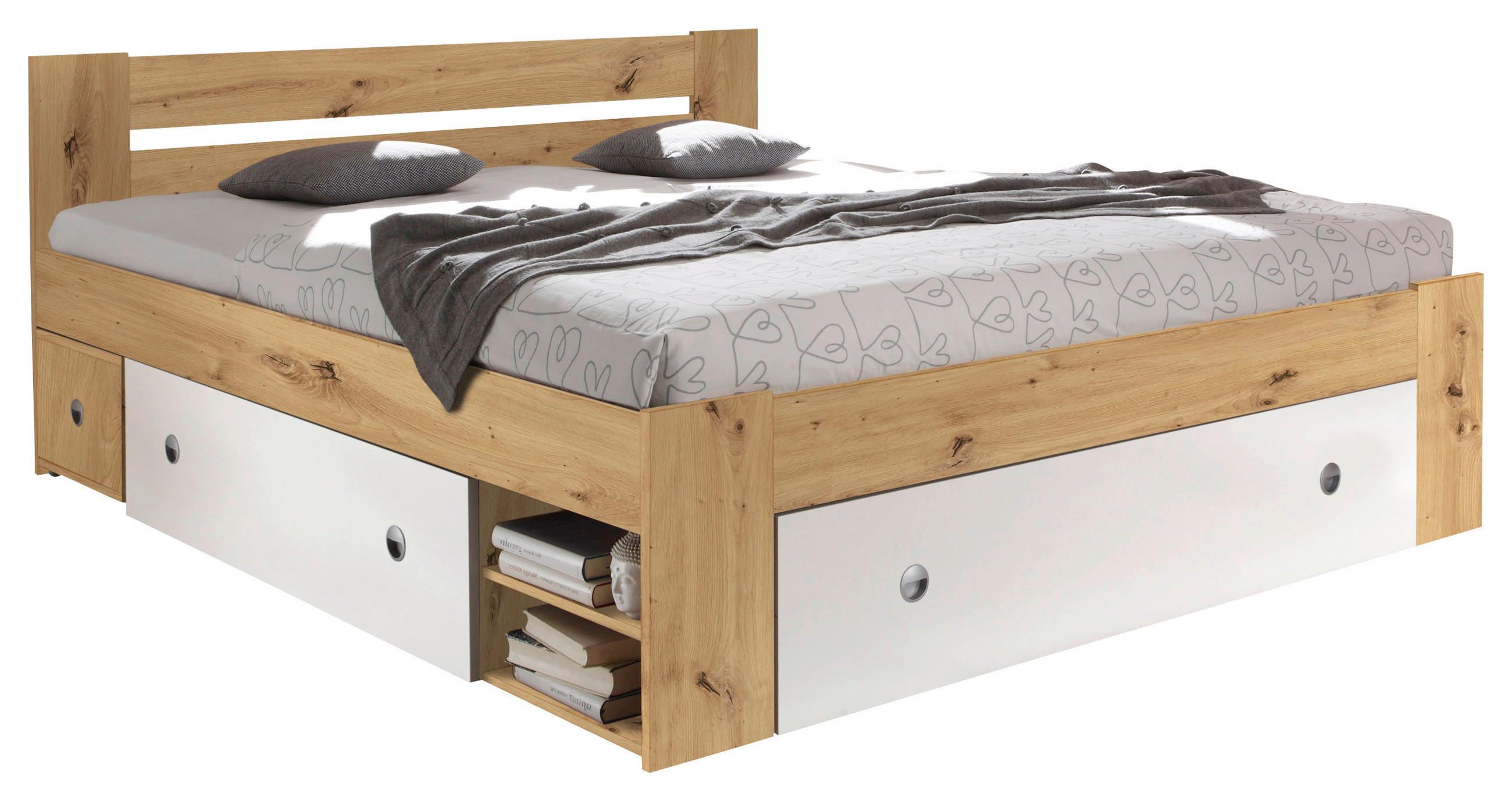 POSTEL S NOČNÍMI STOLKY, 140/200 cm, bílá, barvy dubu - bílá/barvy dubu, Moderní, kompozitní dřevo (140/200cm) - Cantus