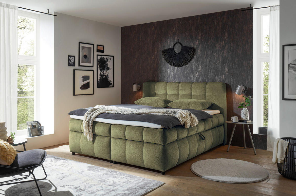 BOXBETT 180/200 cm,  in Grün, Bettkasten, Topper, H2 + H2 = mittel  - Schwarz/Grün, Design, Kunststoff/Textil (180/200cm) - Esposa