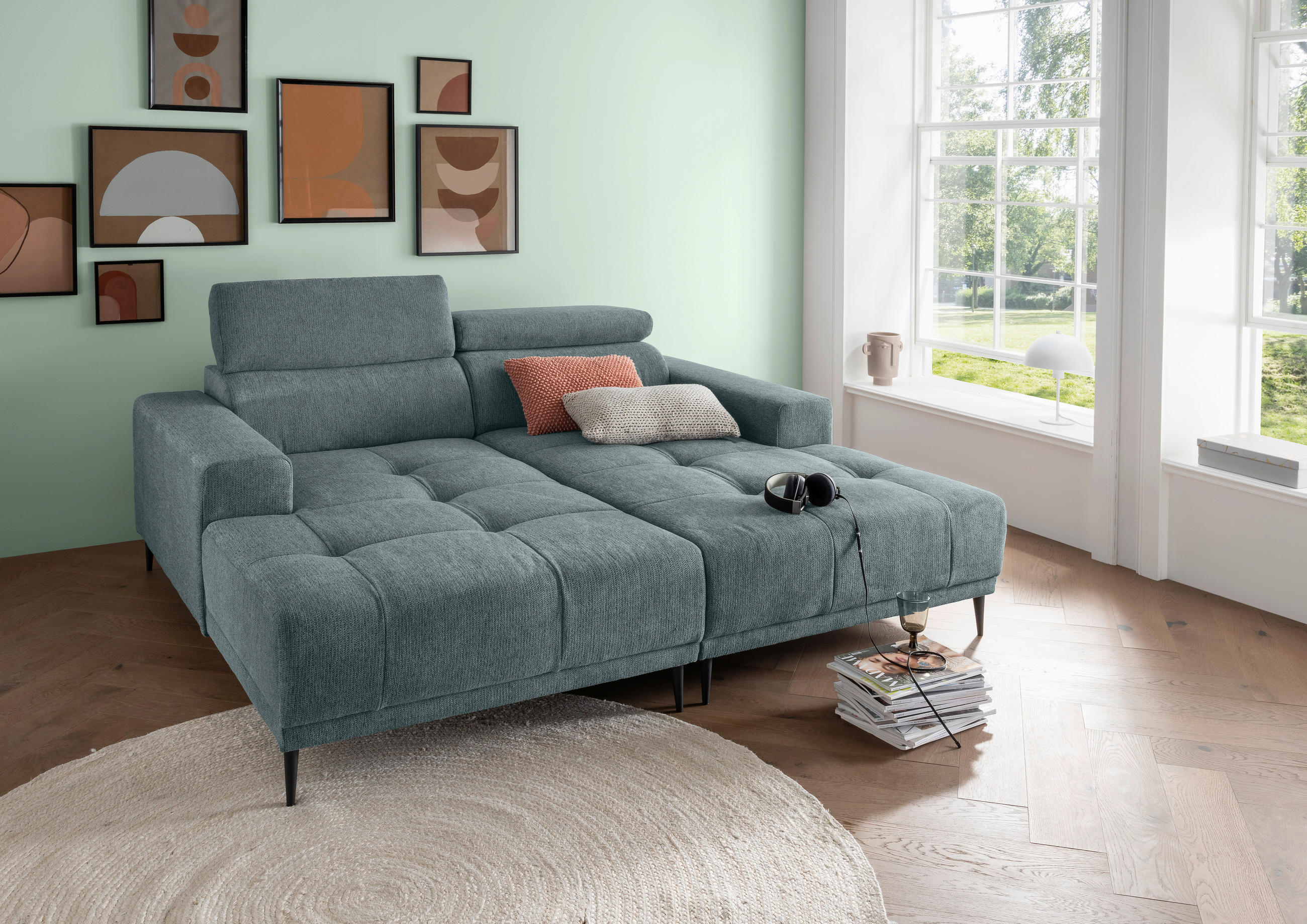 ECKSOFA in Chenille Mintgrau  - Mintgrau/Schwarz, Konventionell, Textil/Metall (200/188cm) - Livetastic
