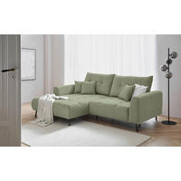 Carryhome Hochflorteppich, links davon: Decke in weiß, rechts davon: Boxspringbett in grün, Store in grün, Kissen in grün in hellem Wohnzimmer.